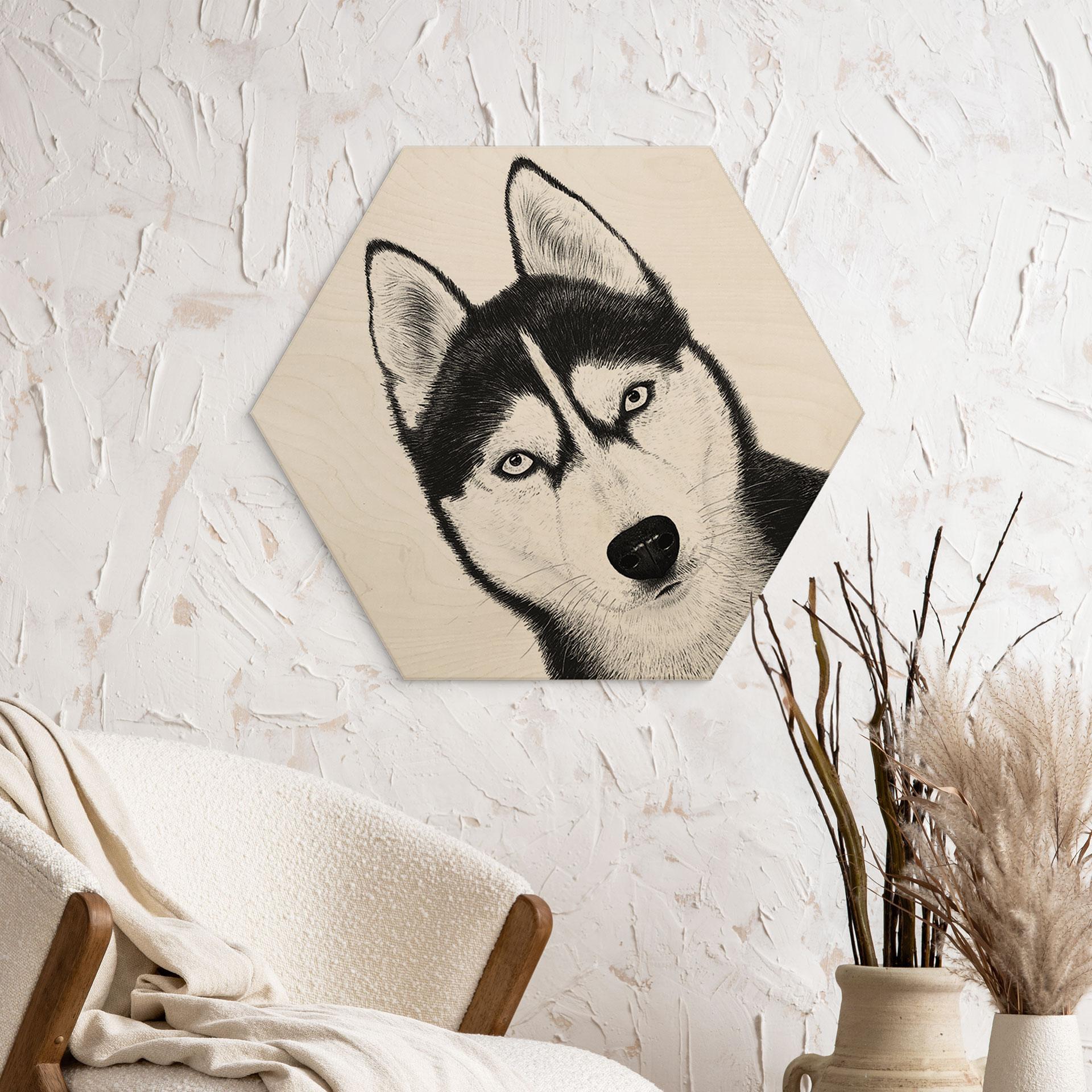 Sekskantet træbillede Siberian husky - hundeportræt - Korenkova