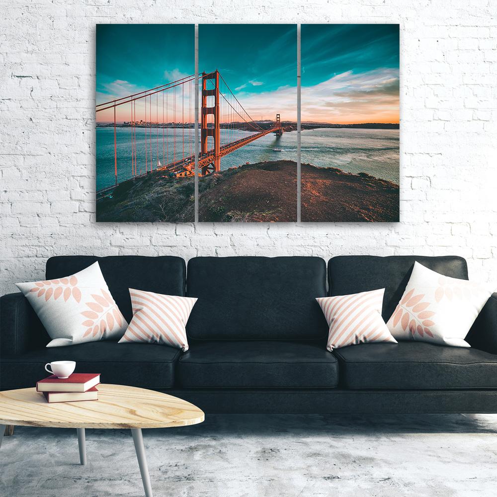 3 stykke lærredstryk, Golden Gate Bridge San Francisco turkis
