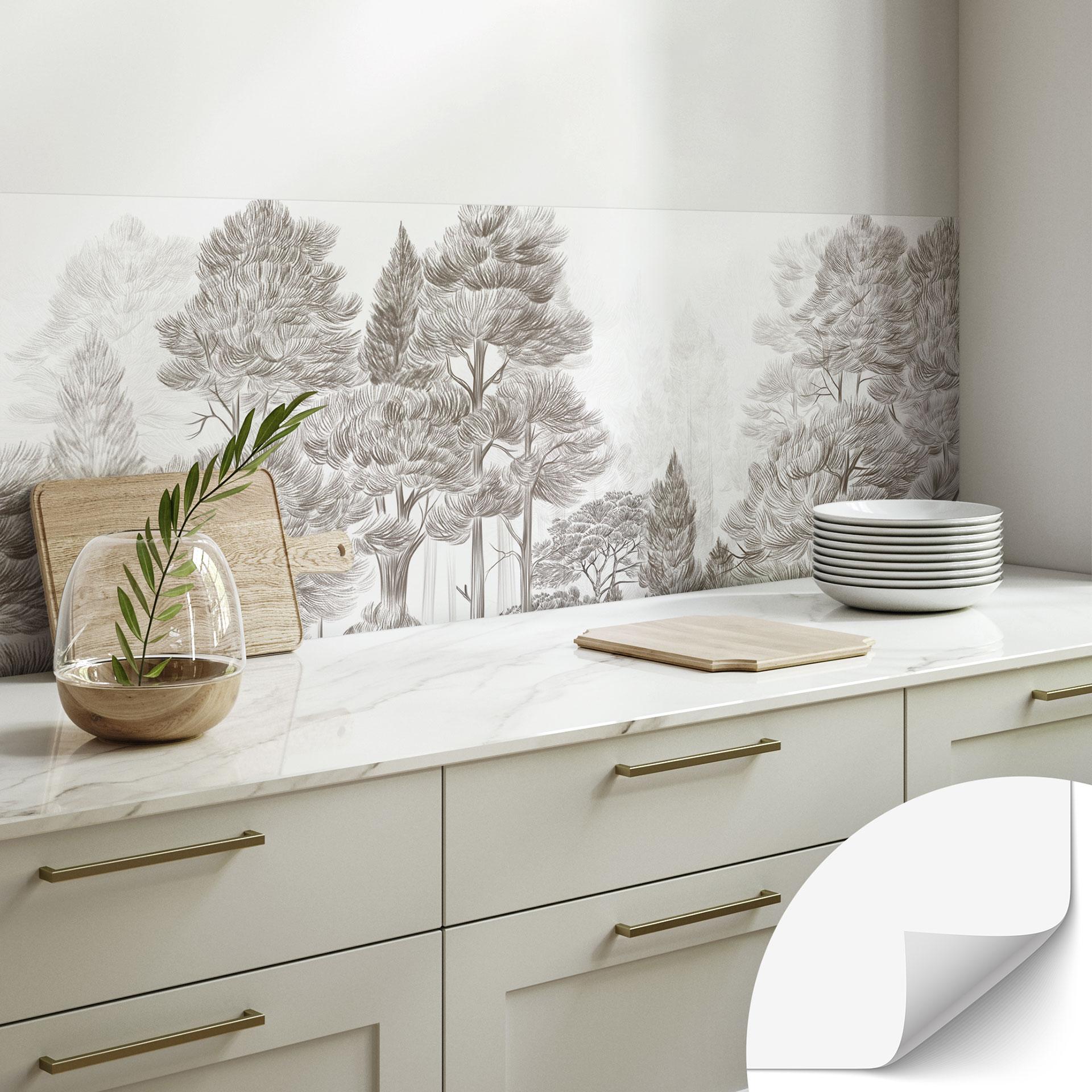 Zelfklevende Keukenachterwand bos met boslandschap in beige - Ms Tiff