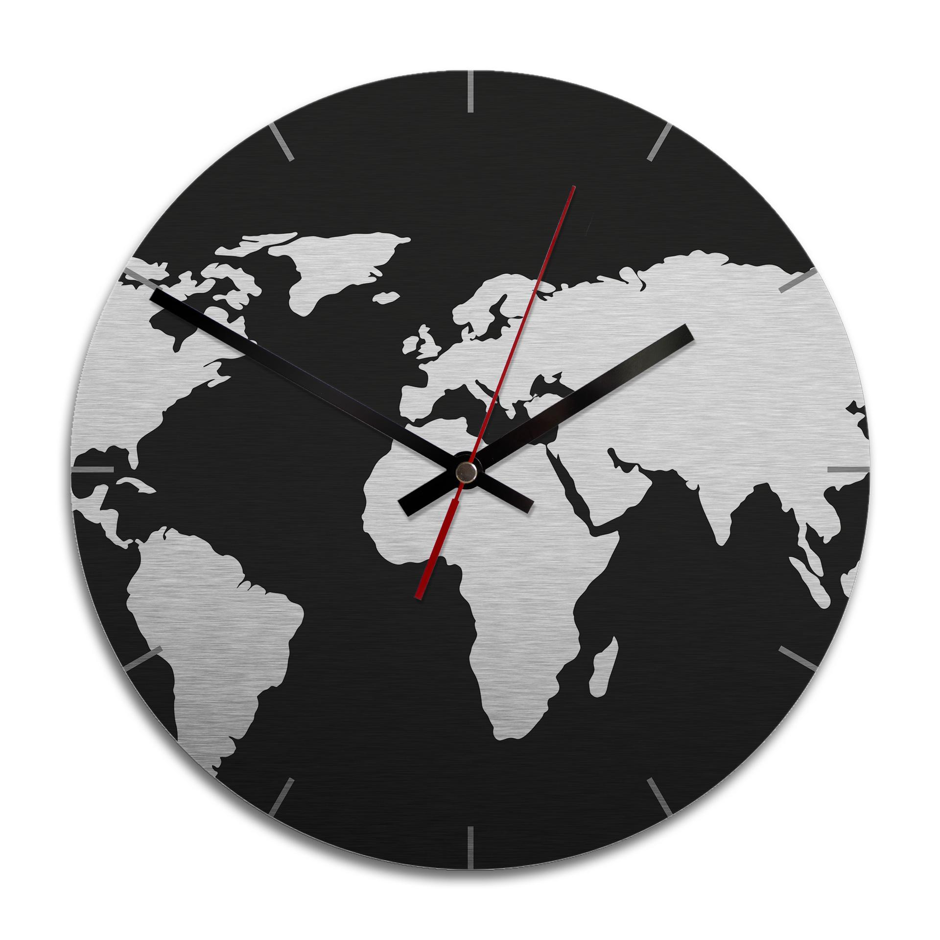 Horloge murale en Alu-Dibond - Argenté - Carte du monde noire