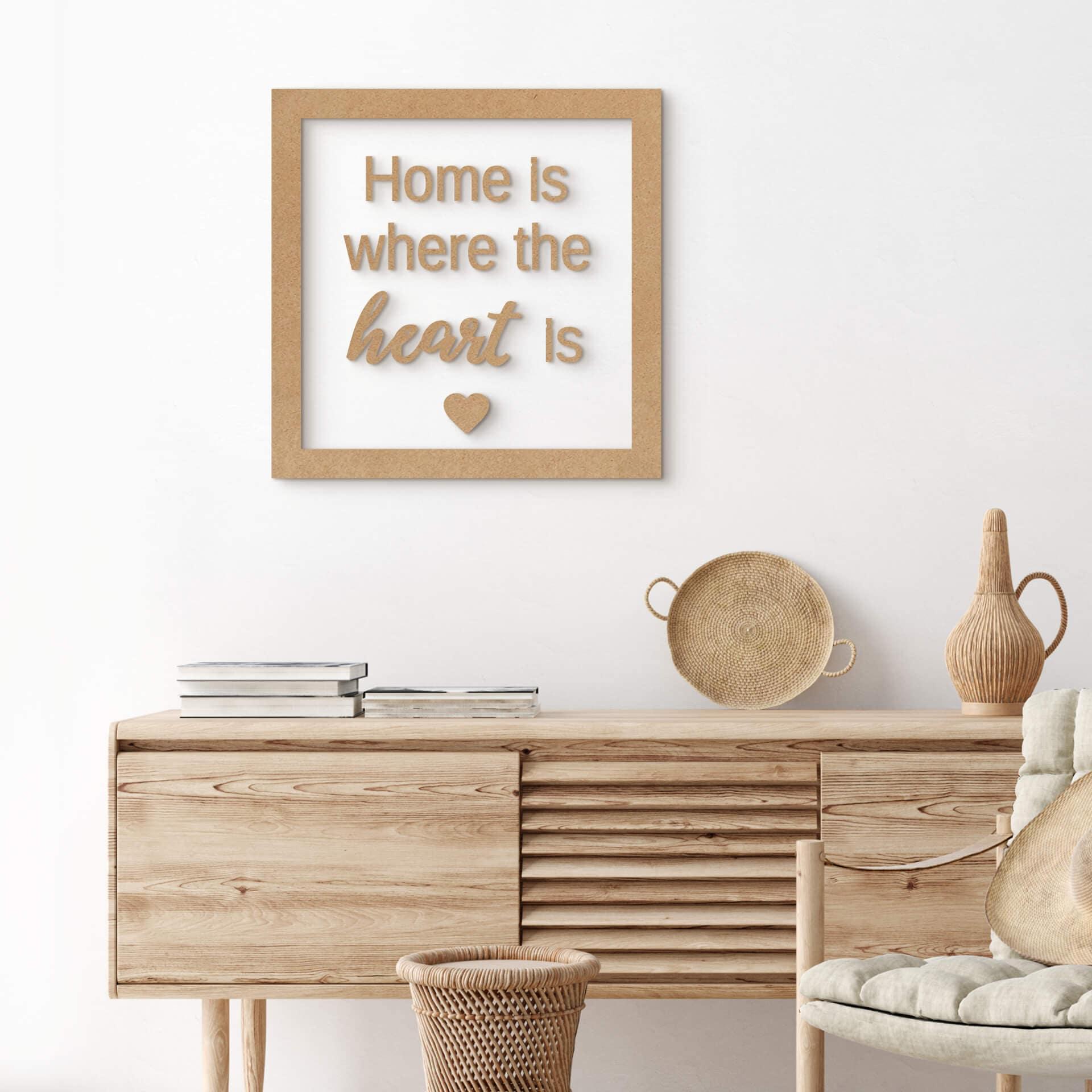 Letra decorativa con marco - El hogar es donde está el corazón - MDF naturaleza