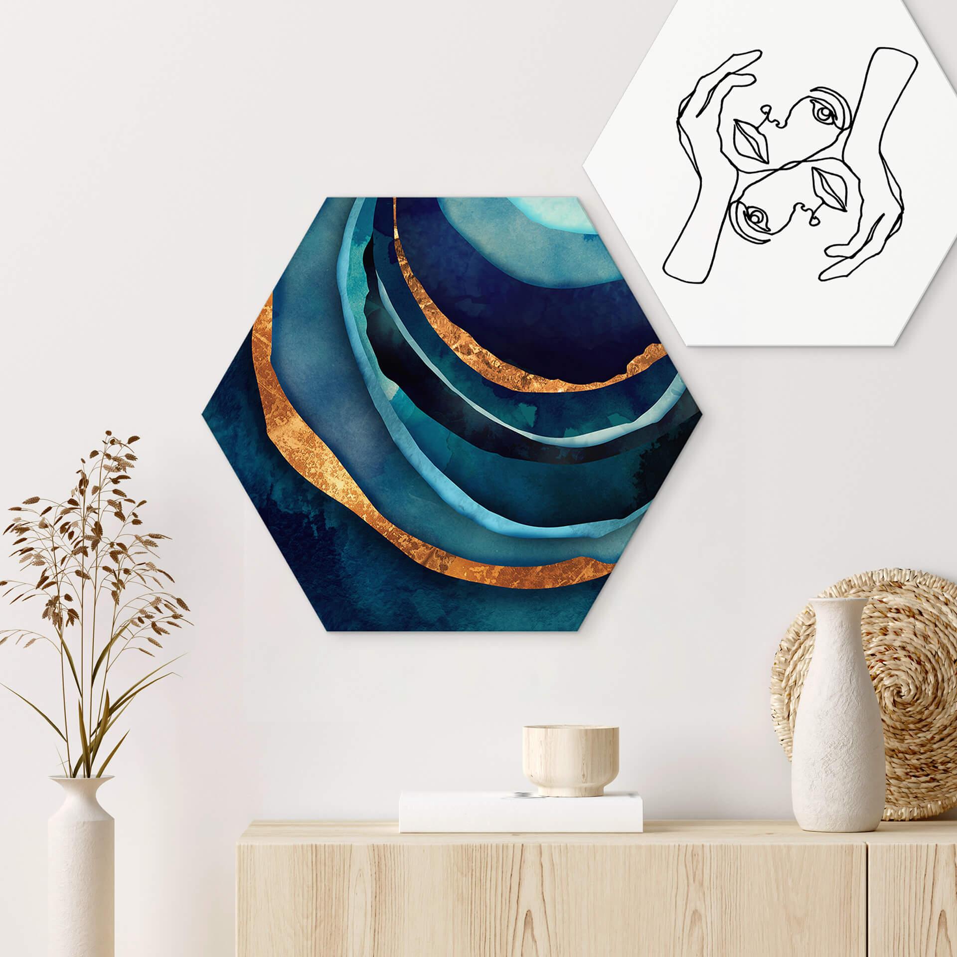 Hexagon Dibond SpaceFrog Designs - Blauw & Goud Abstract