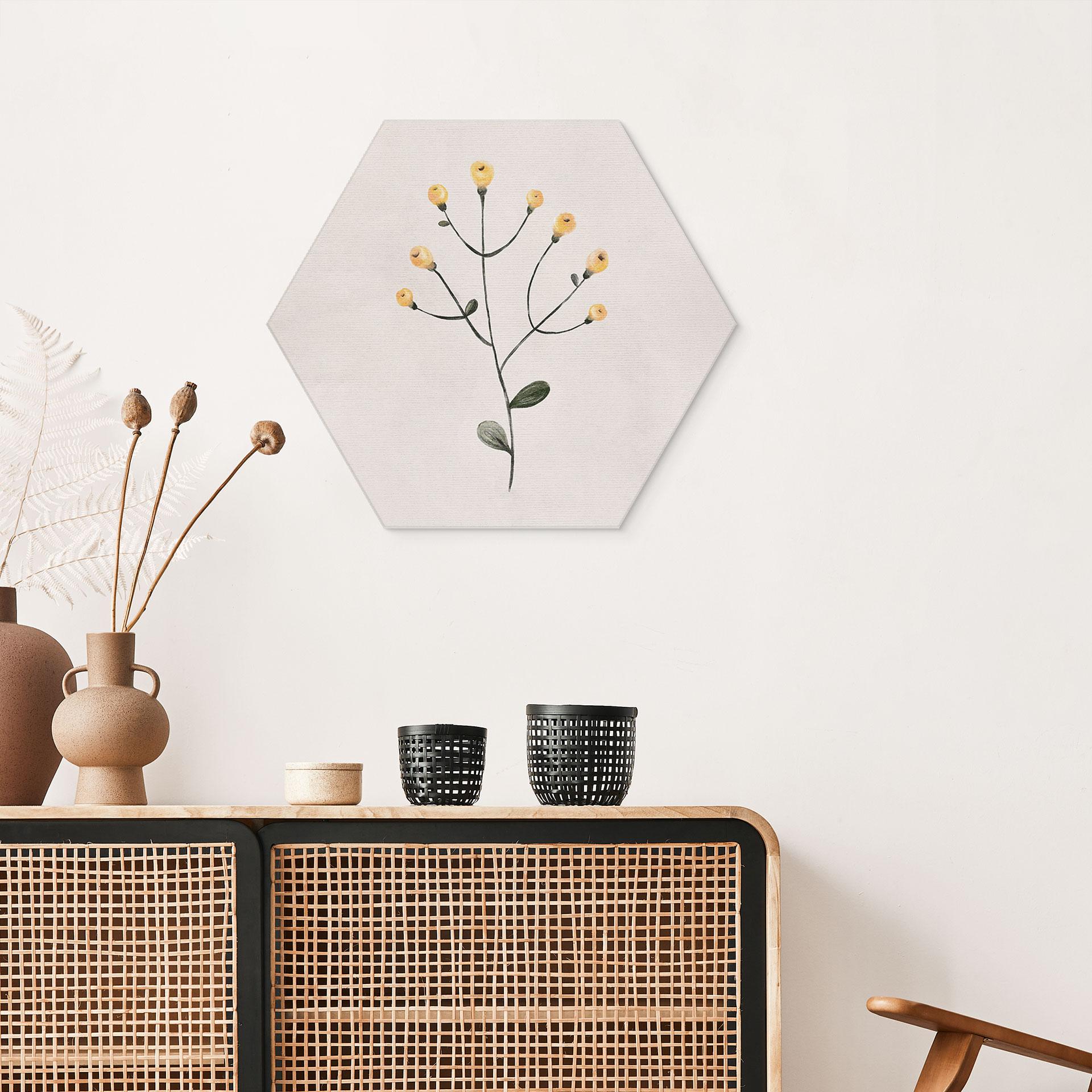 Sekskantet billede Delikat plante med gule blomster - Goed Blauw - Alu-Dibond