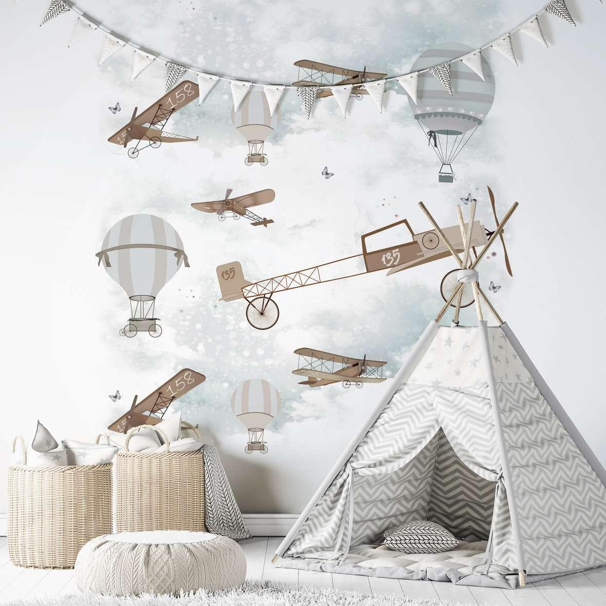 Børnetapet, non-woven tapet med illustration Kids Walls hvid, brun
