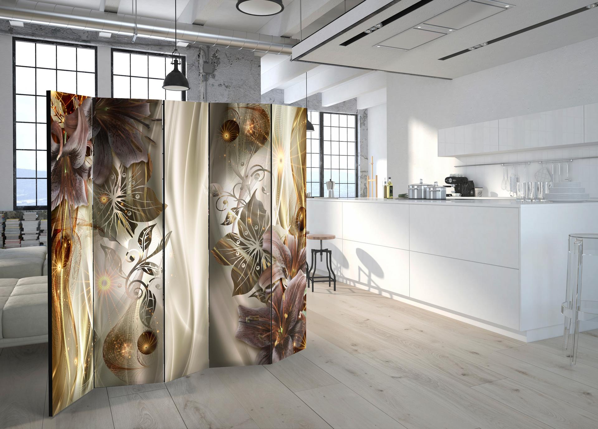 Schermo divisorio - Bagliore ambrato, 5 pezzi - 225x172 cm