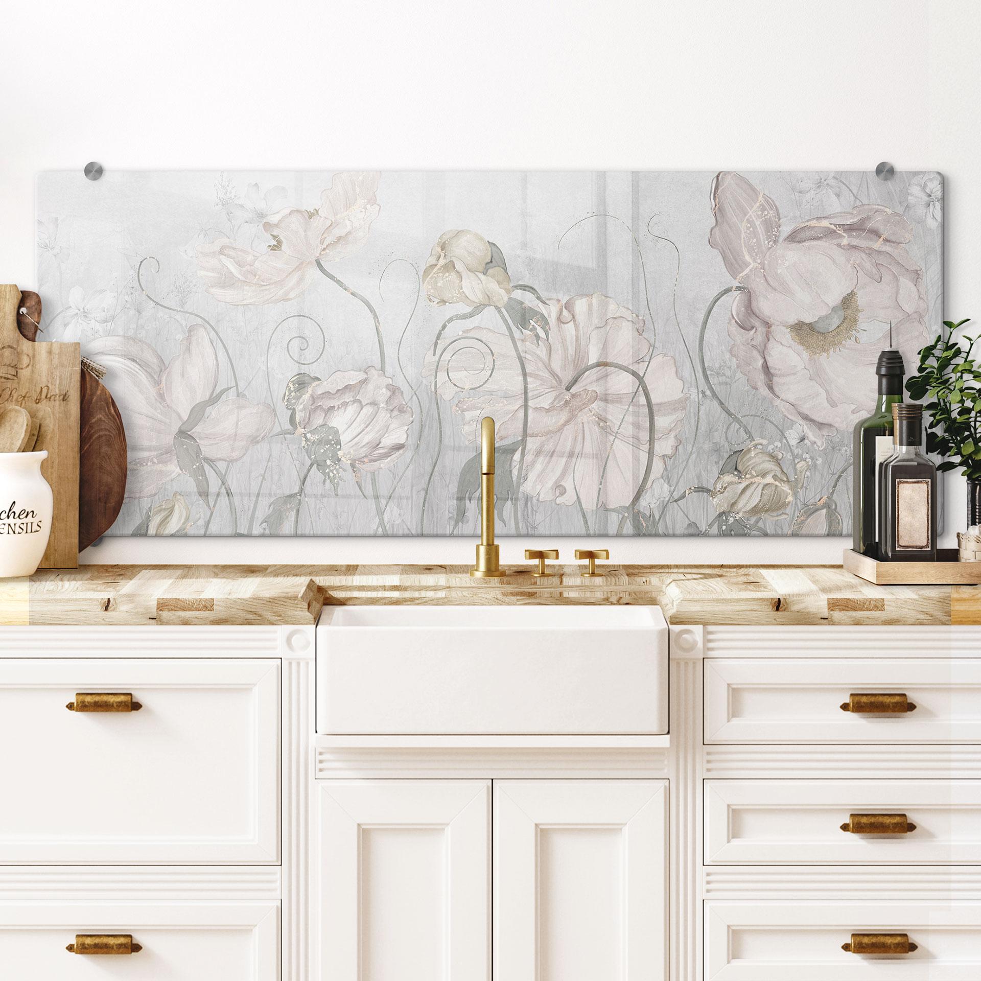 Spatscherm Bloemen in vintage stijl in grijs - Ms Tiff - Panorama