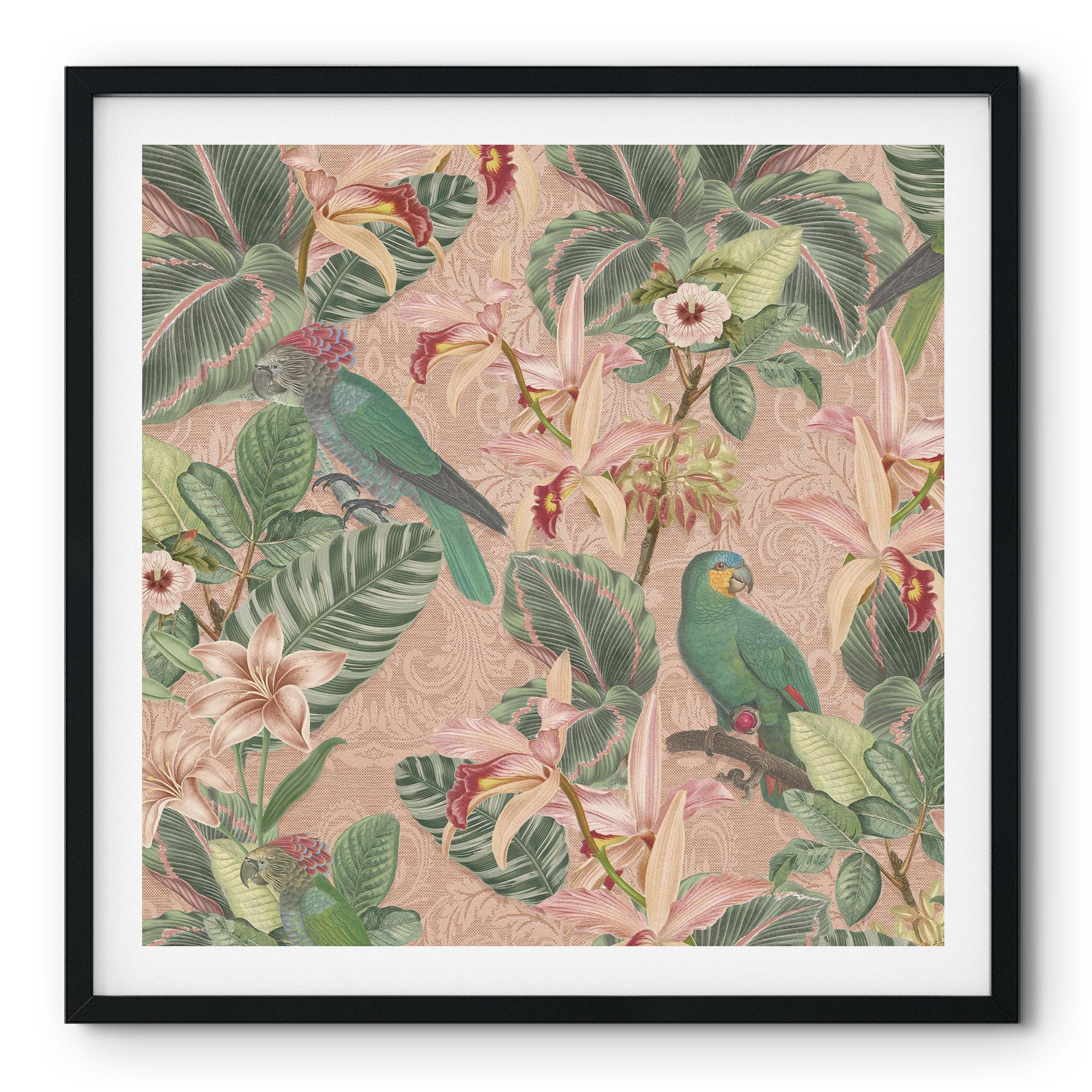 Botanik Plakat Jungle med papegøjer Pink - Bloomery Decor - Square