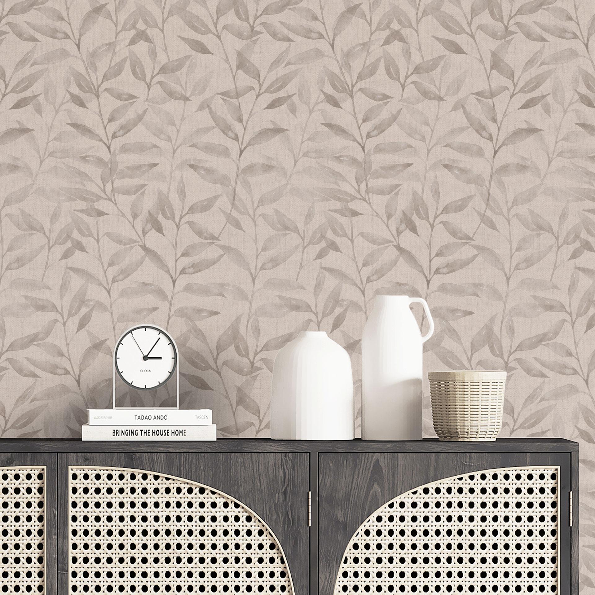 Delikat tapet med mønster af akvarelblade - Soft Grey - Bloomery Decor