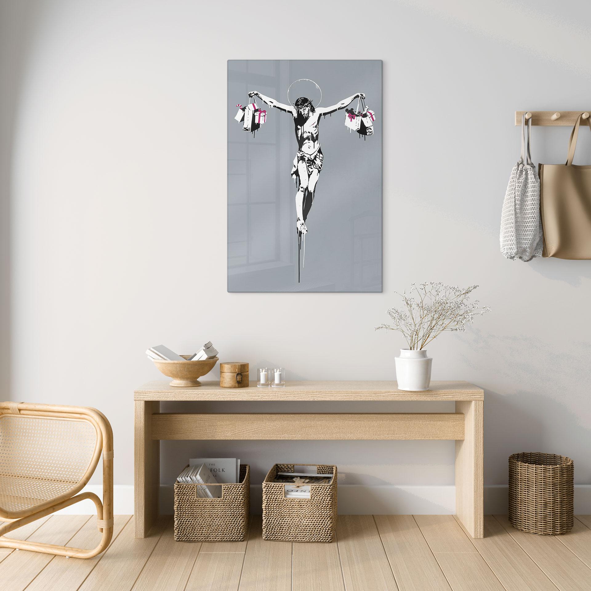 Glasbillede - Banksy - Jesus Kristus med indkøbsposer