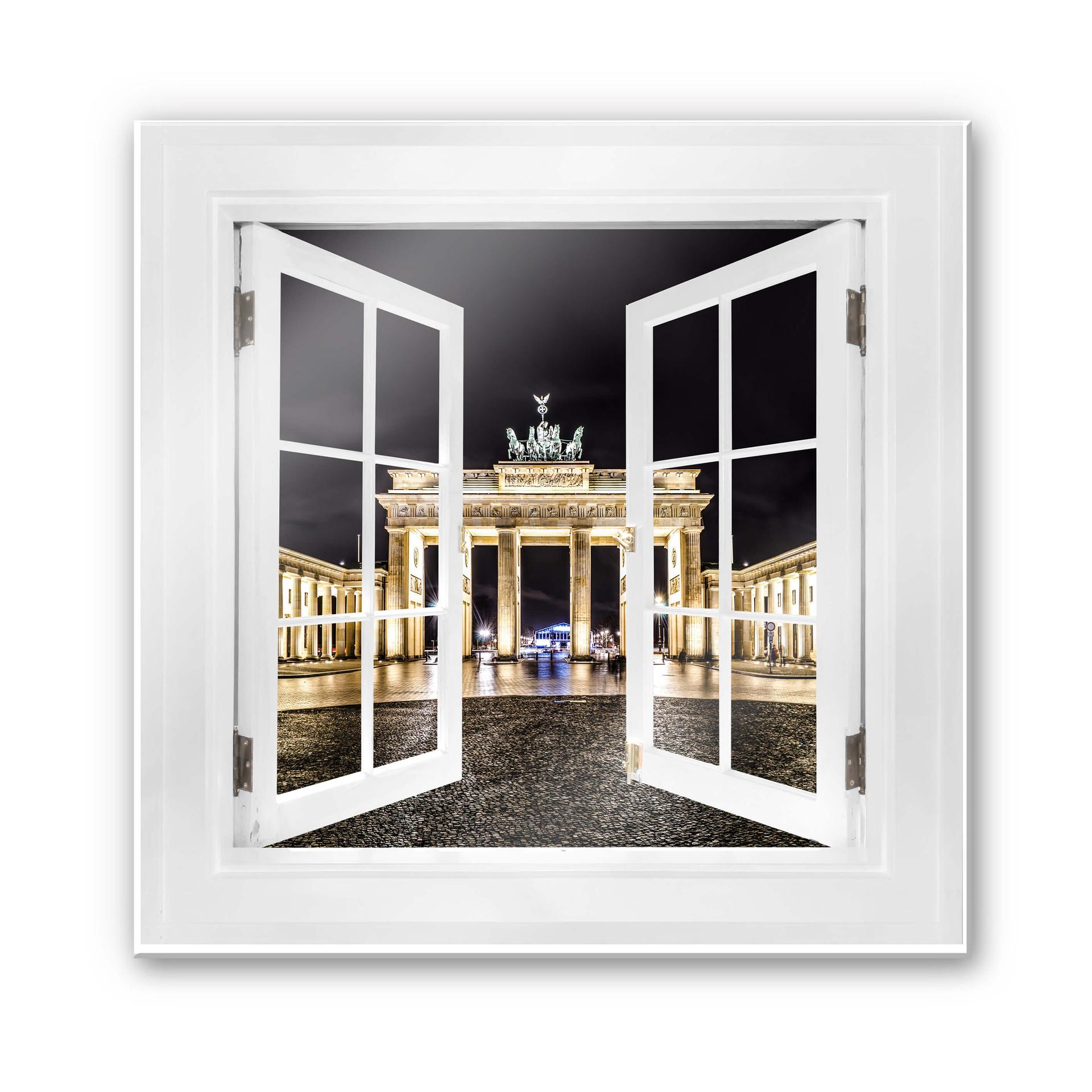 Glasbild 3D Fenster quadratisch - Brandenburger Tor - 50x50 cm