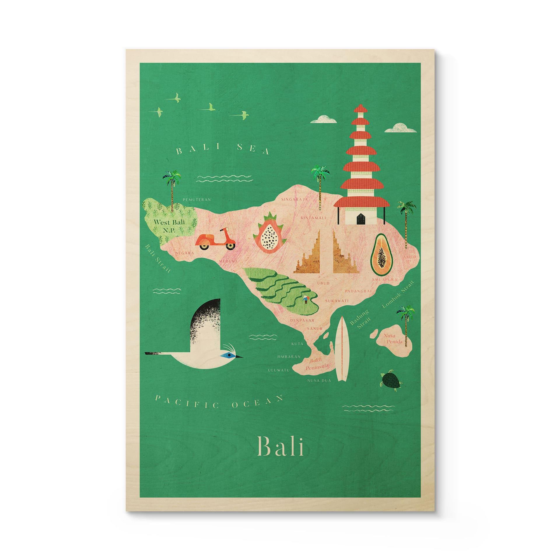 Træplakat Kort over Bali - Rivers