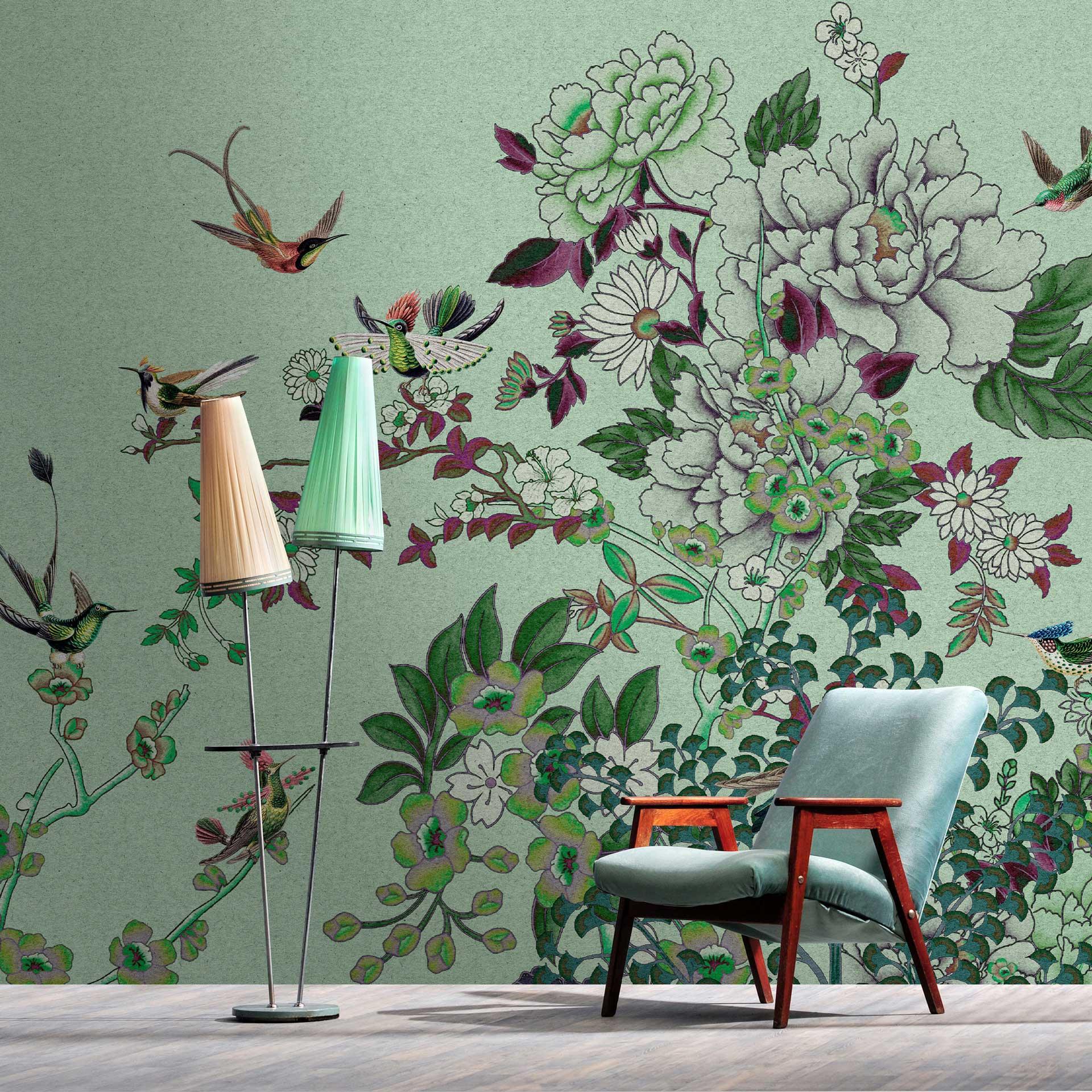 Blomstertapet med kolibri - romantisk blomsterhavescene