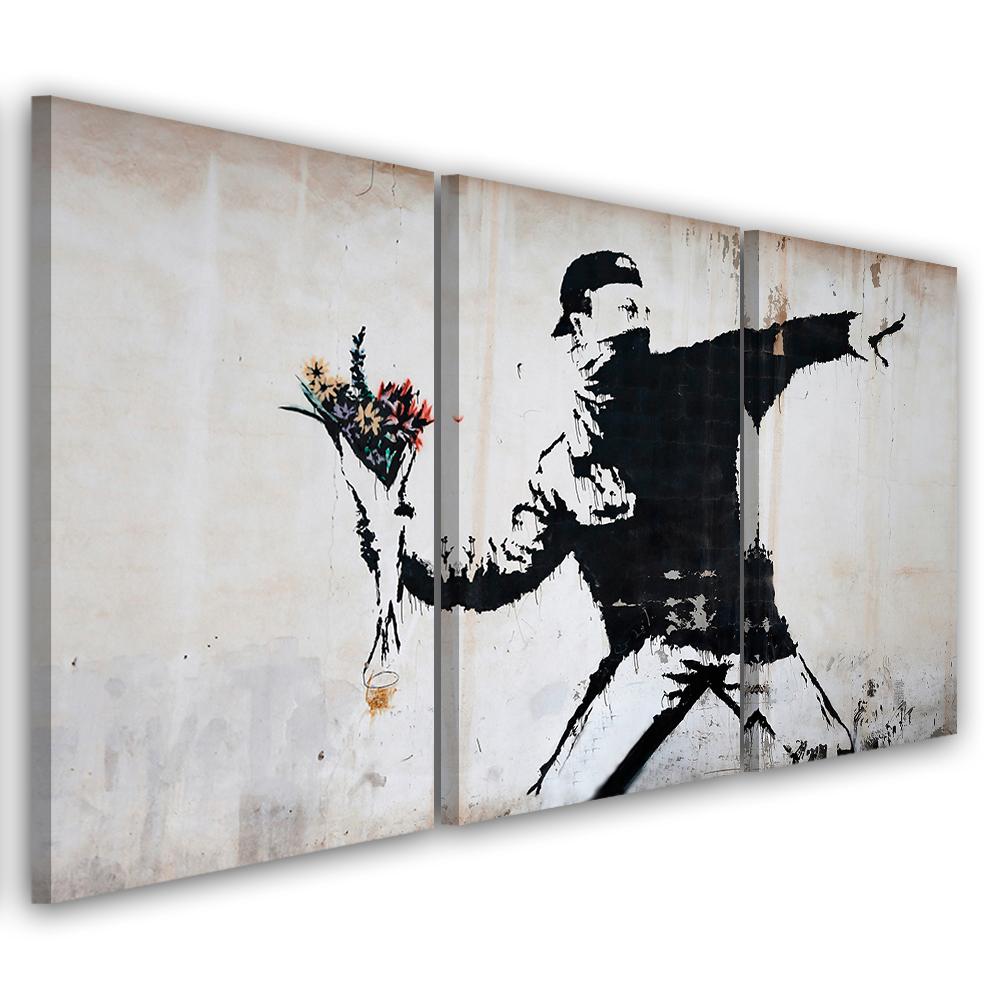 3 stykke lærredstryk, Banksy Graffiti kunstblomster