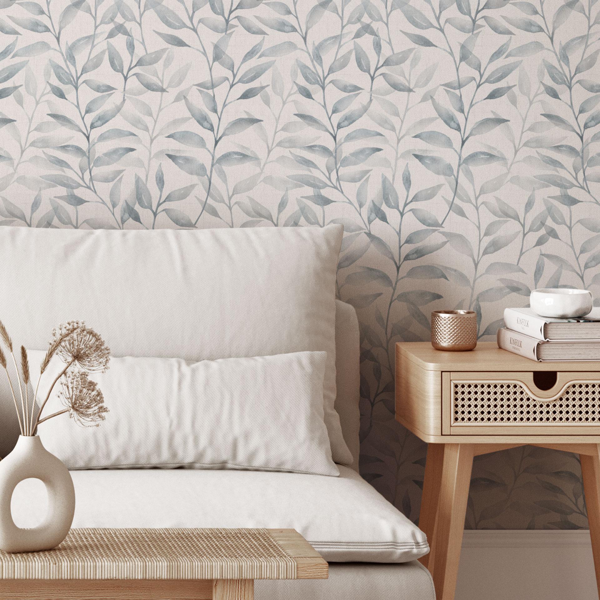 Delicaat Patroonbehang met aquarelbladeren - Zacht Grijs - Bloomery Decor