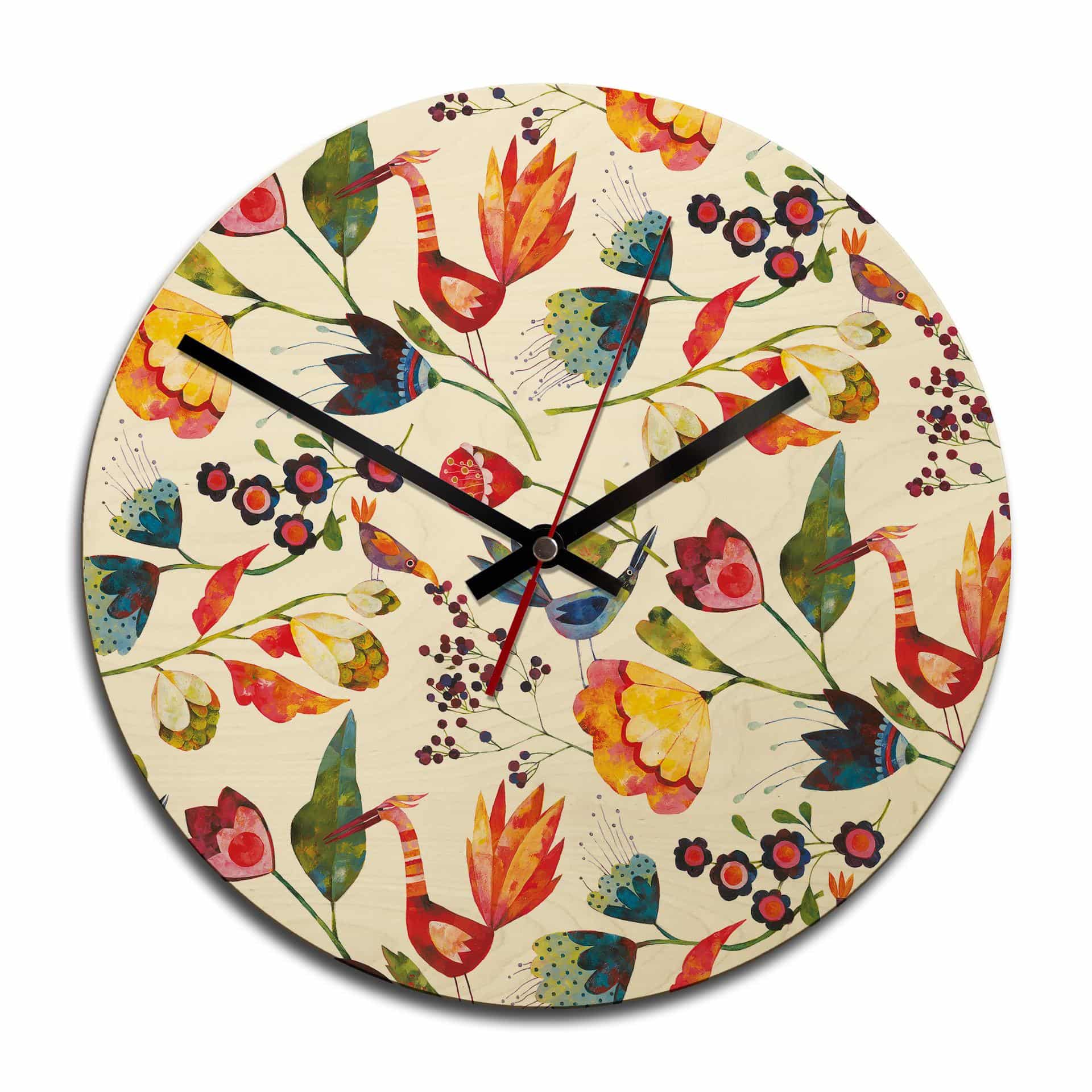 Horloge murale en bois - Blanz - Fleurs et oiseau