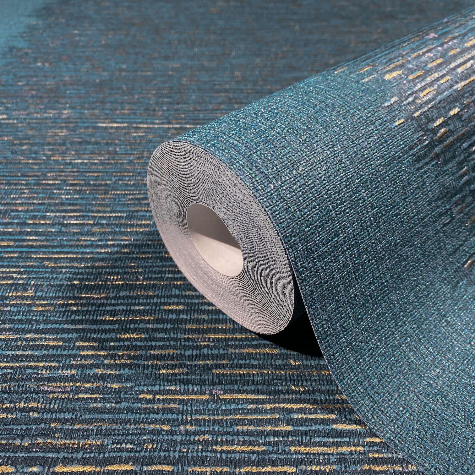 Vliesbehang met strepen en fijne lijnen blauw, turquoise textuur