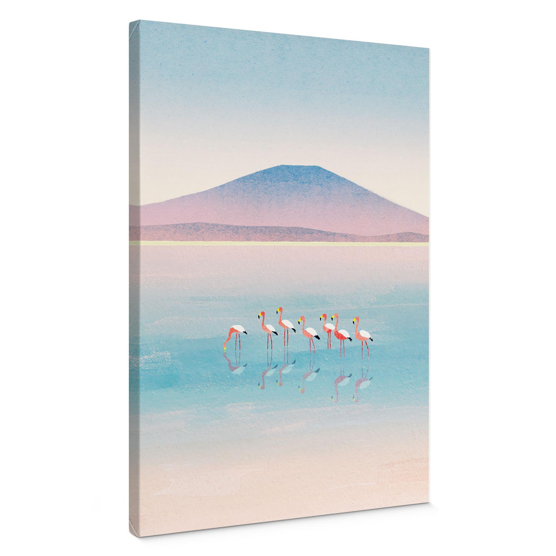 Canvas schilderij Pastelkleurig meer met flamingo's - Rivers