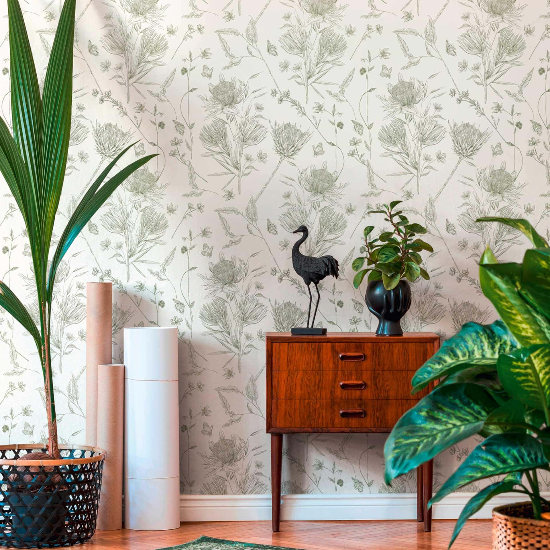 tapet med tegnede blomster hvid grøn - non-woven tapet blomstermotiver med blomster