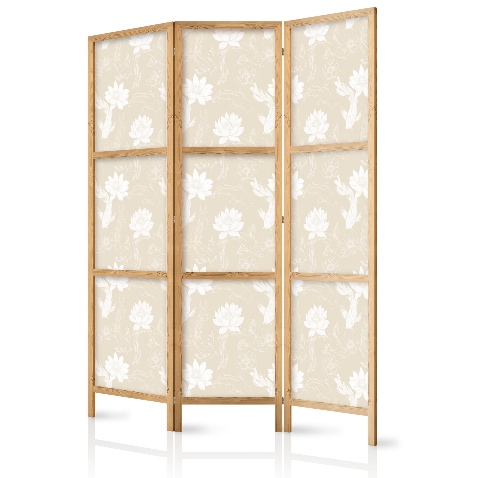 Japanischer Paravent, Raumteiler freistehend, Trennwand - Fish and Water Lilies: Sand-Beige Backgrou