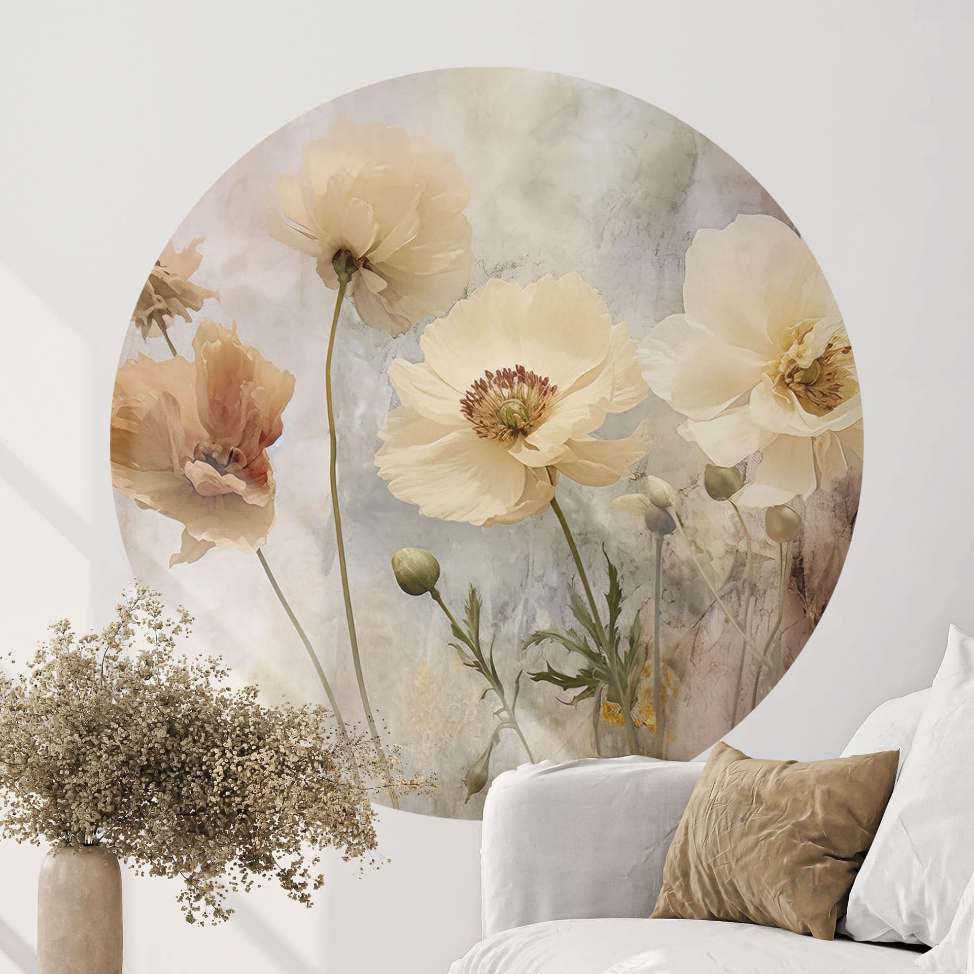 Wallsticker Blomsterpragt i varme pastelfarver | Vintage blomster - Paksoylu - Rund