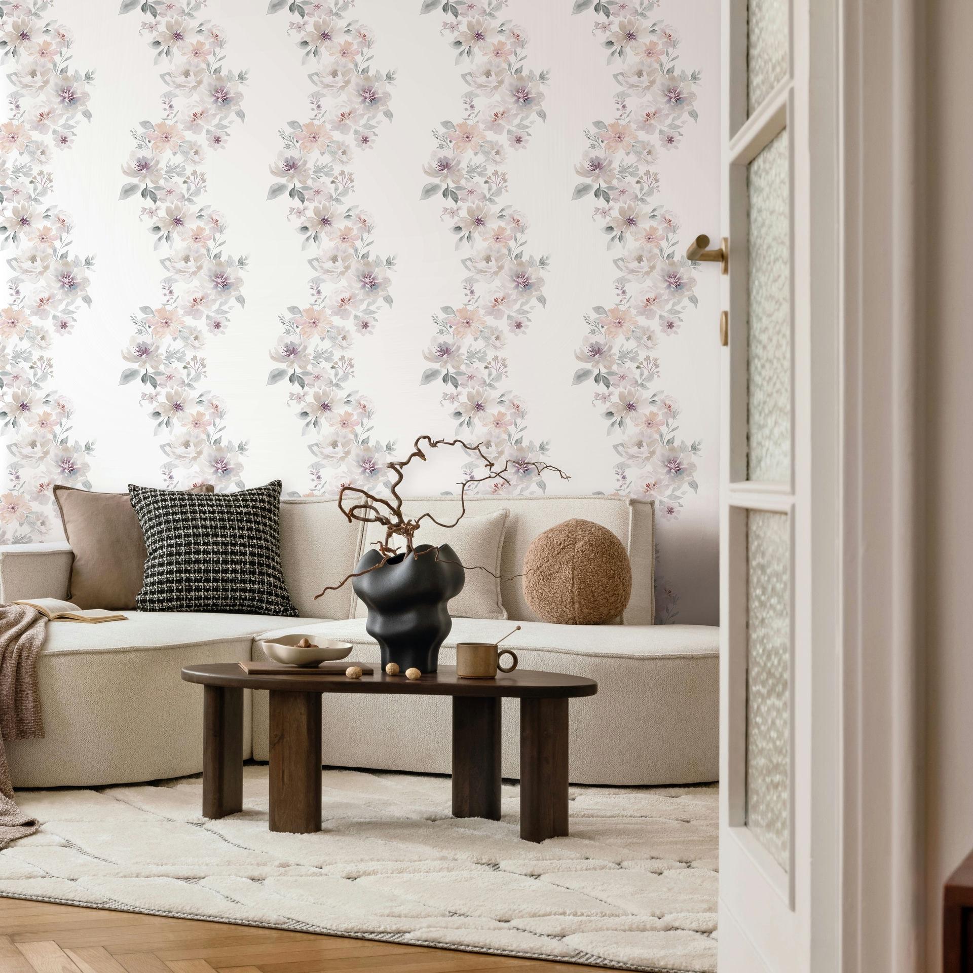 Vliesbehang bloemen bloemen natuur, romantisch mat in wit grijs beige