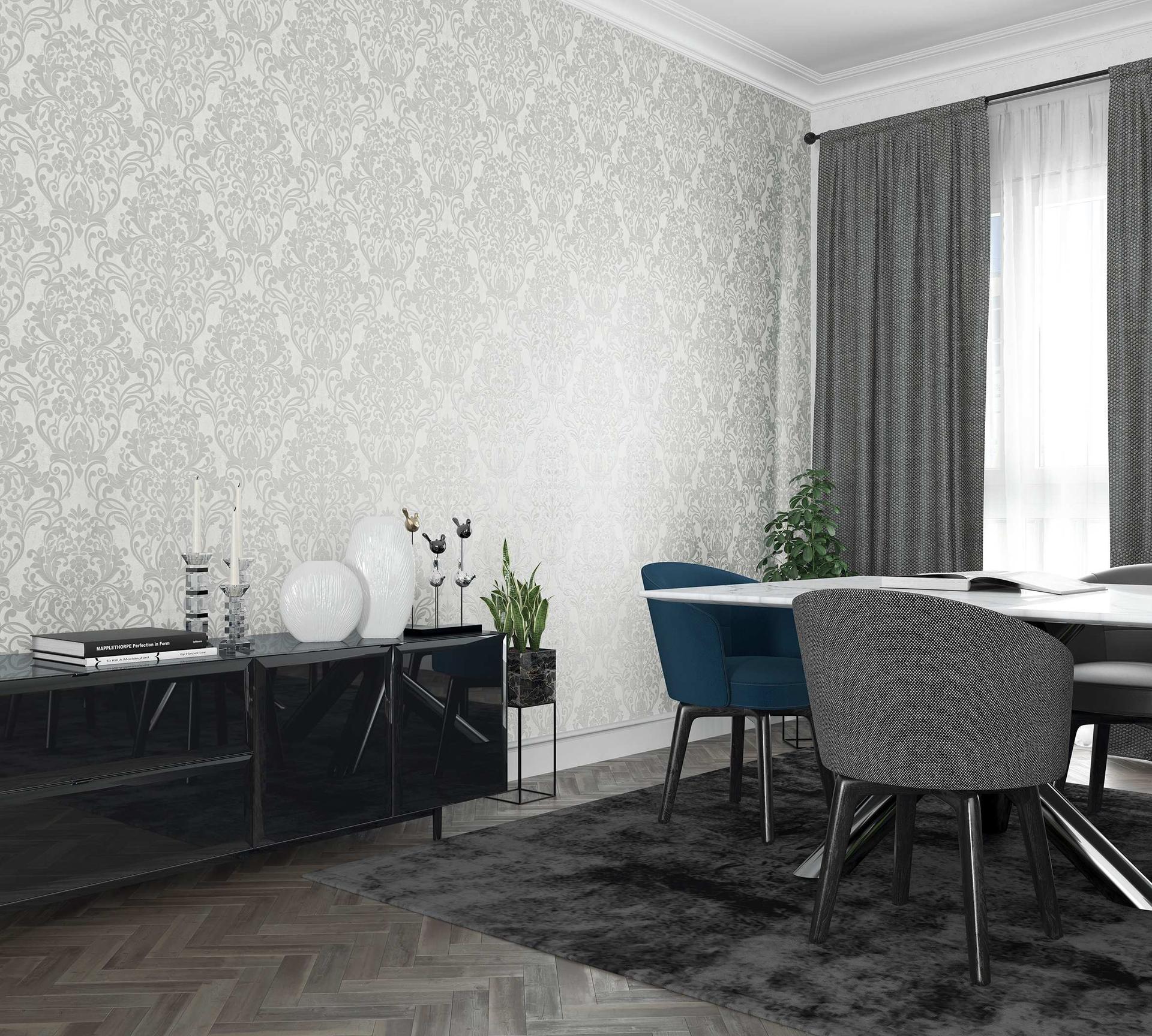vliesbehang met sierlijke damast motieven grijs ornament