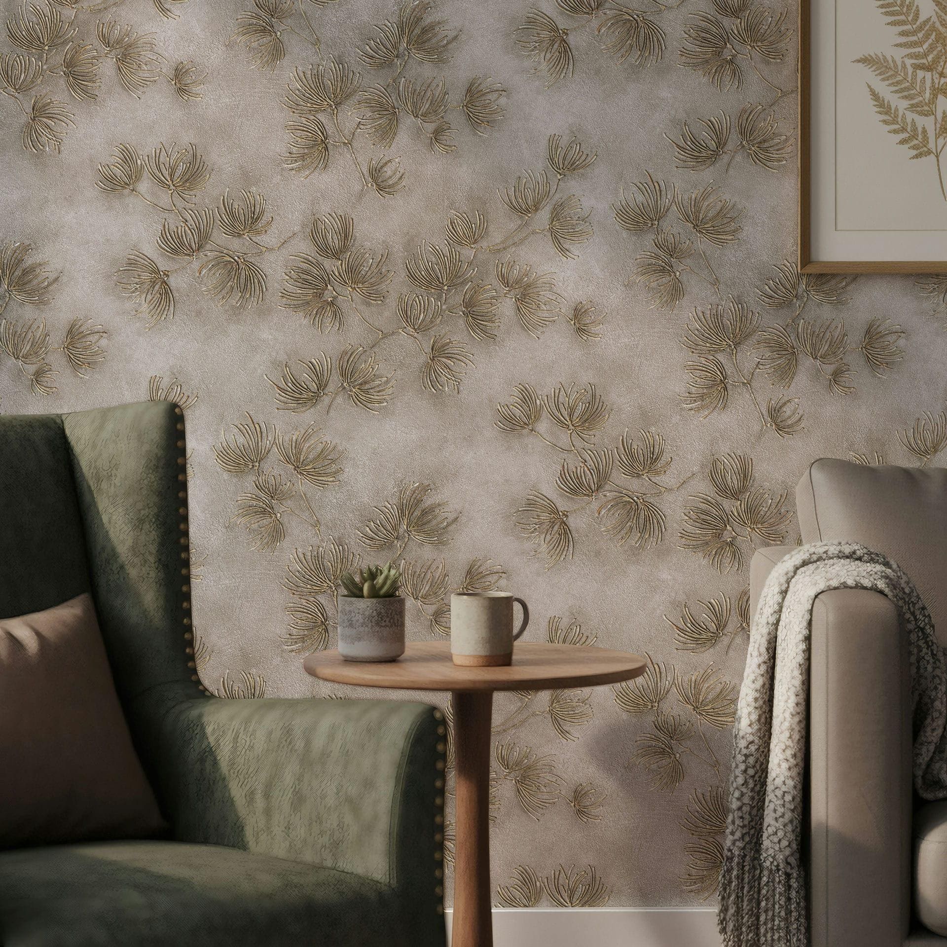 Ikke-vævet tapet blomster, beton blomster natur mat i beige
