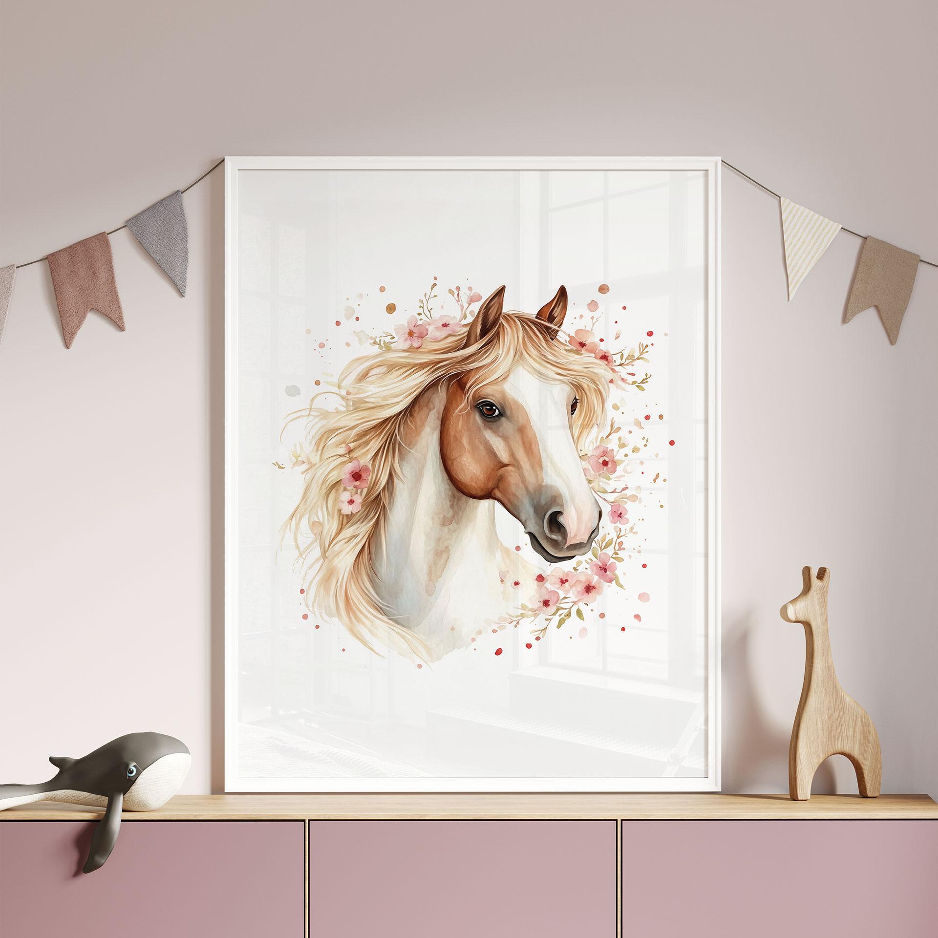 Boho hesteplakat med sarte blomster | Romantisk hestemotiv til børneværelset
