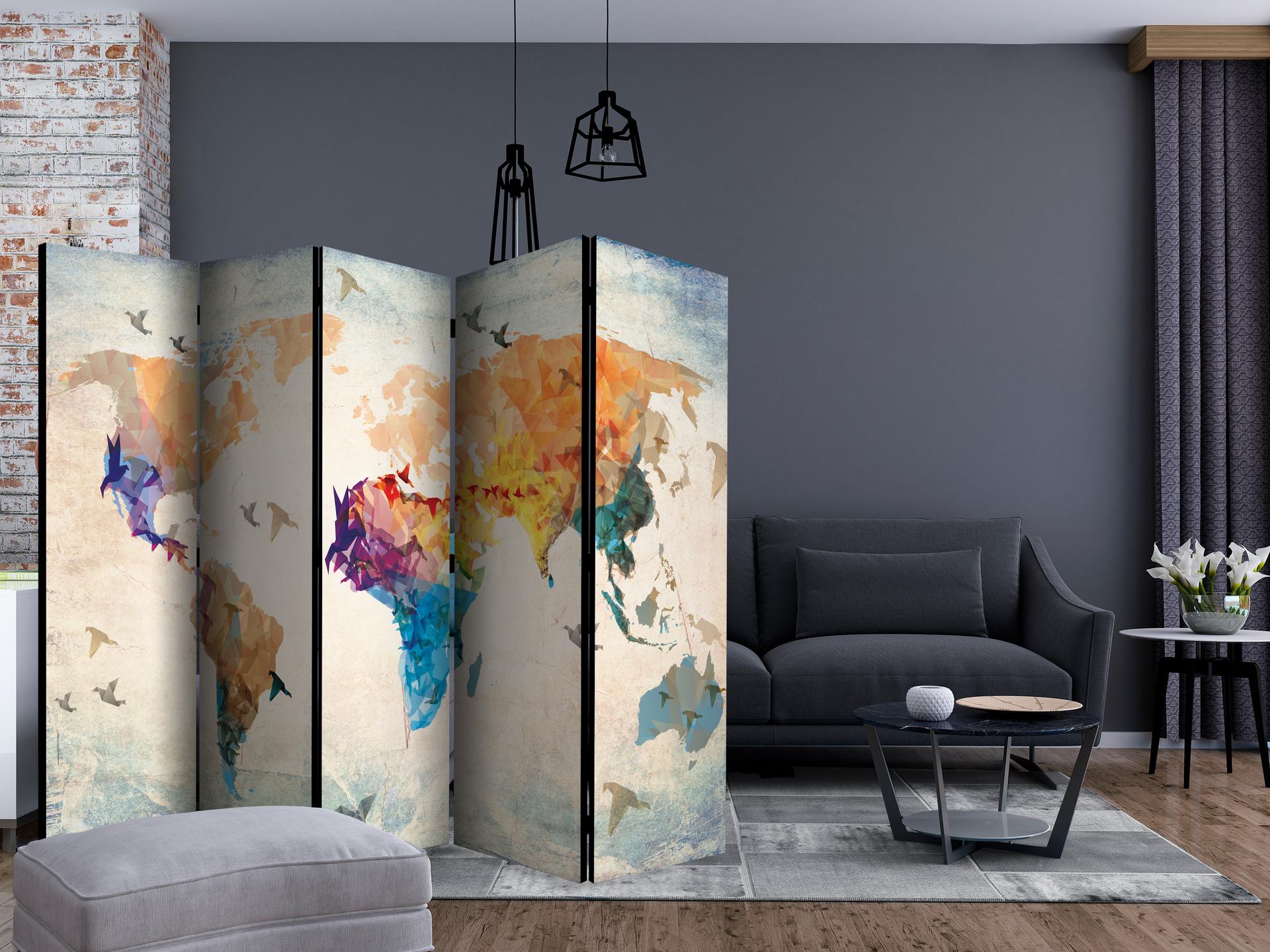 Divisorio - Mappa del mondo - Uccelli di carta , 5 pezzi - 225x172 cm