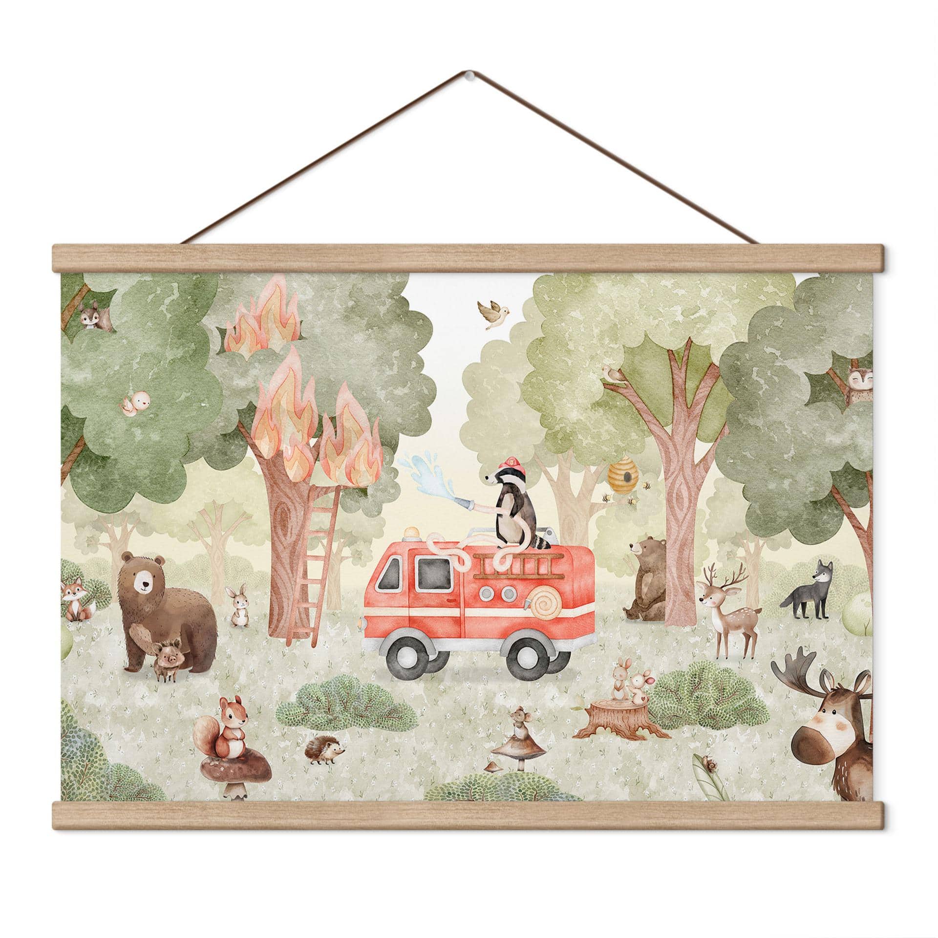 Kinderkamer Textielposter Dierenbrandweer in het bos - Oliver Robins