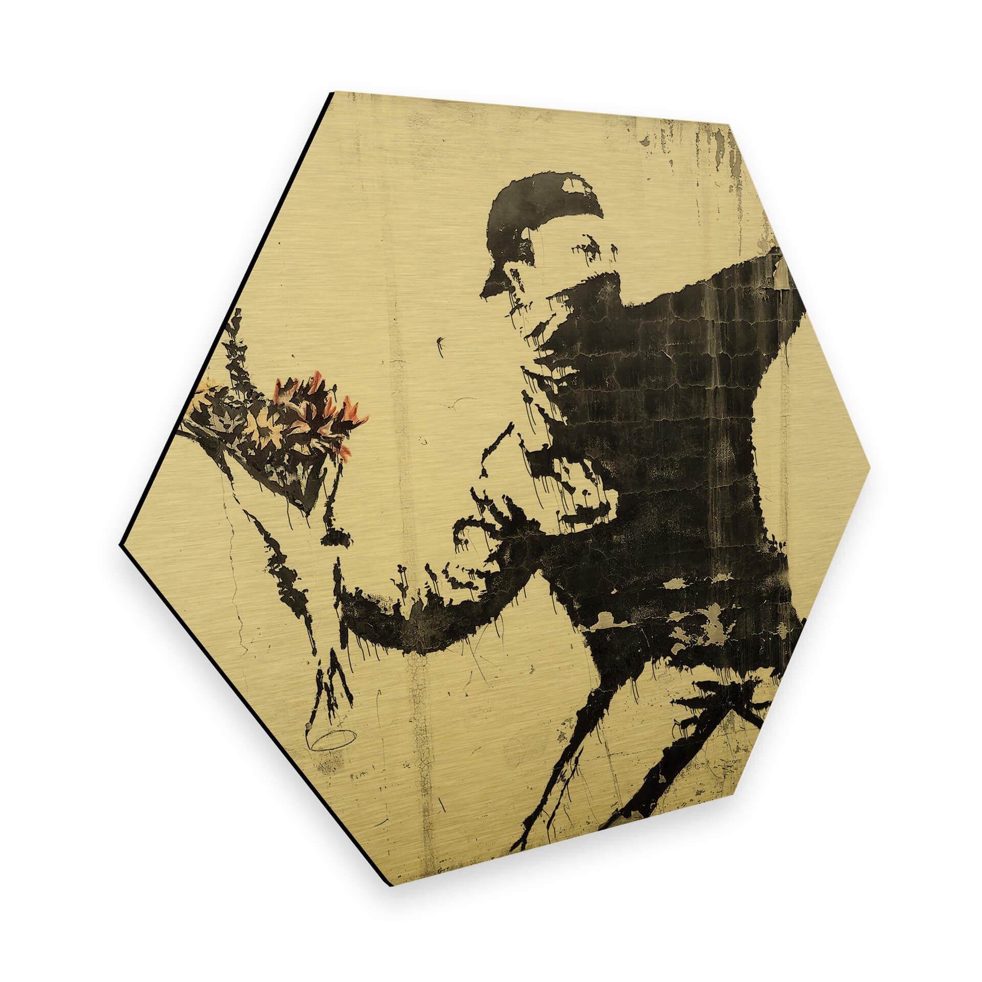 Hexagon - Alu-Dibond - Banksy - Flower Thrower - Guldeffekt