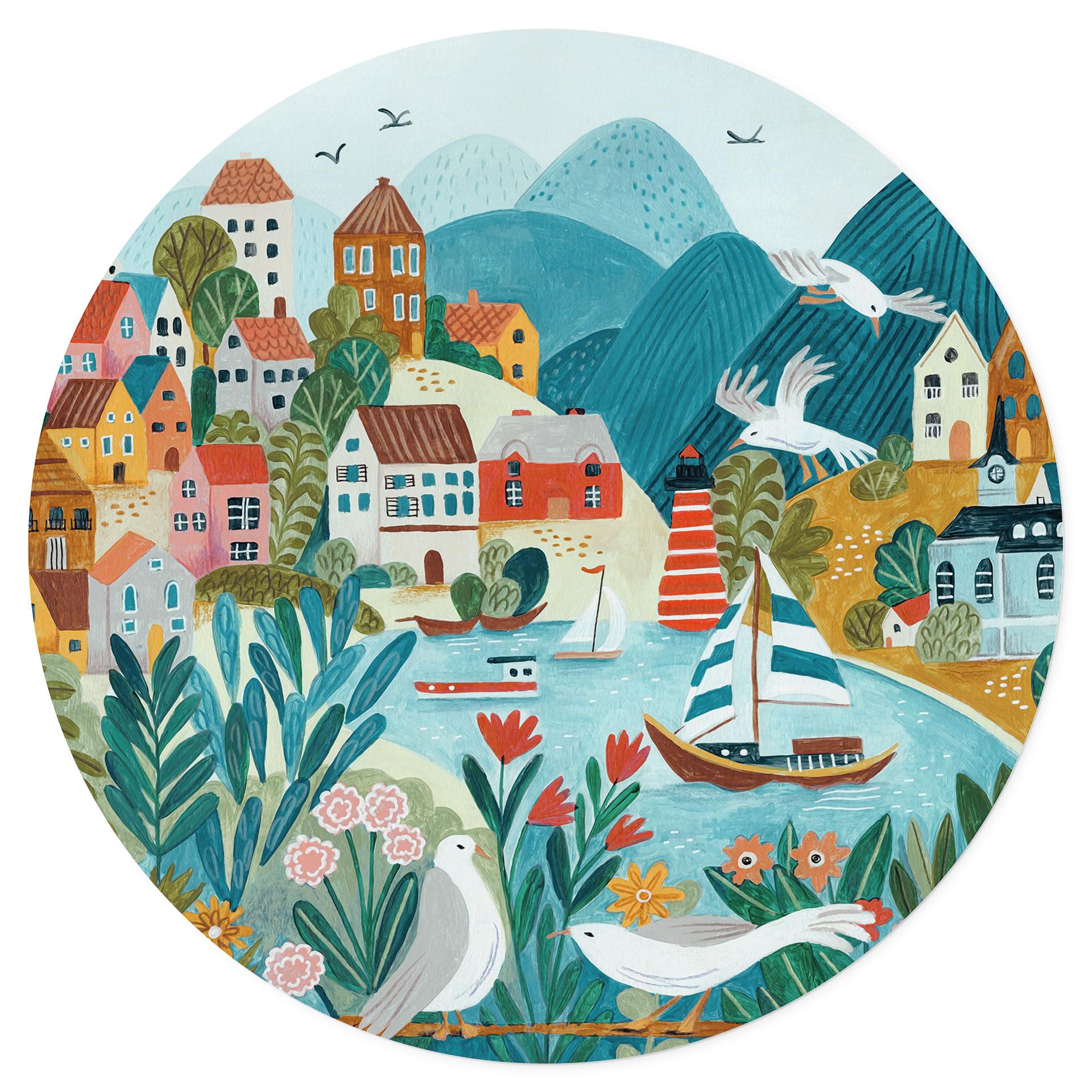 Wallsticker Farverig kystby om sommeren - Bonne Müller - Rund