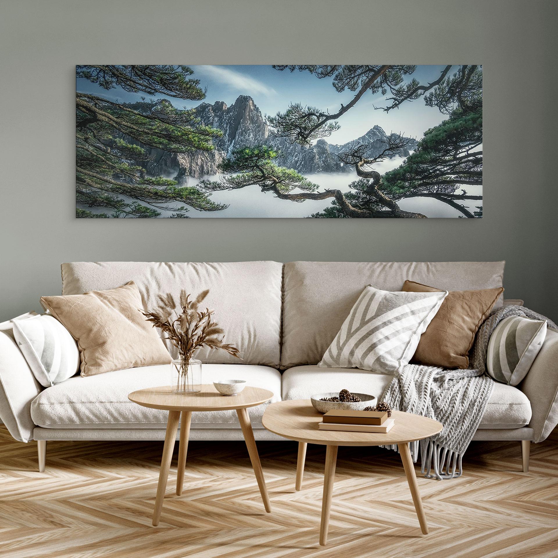 Vægmaleri af fyrreskov i Huang Shan-bjergene - NingYun Ye - Panorama – print på aluminium