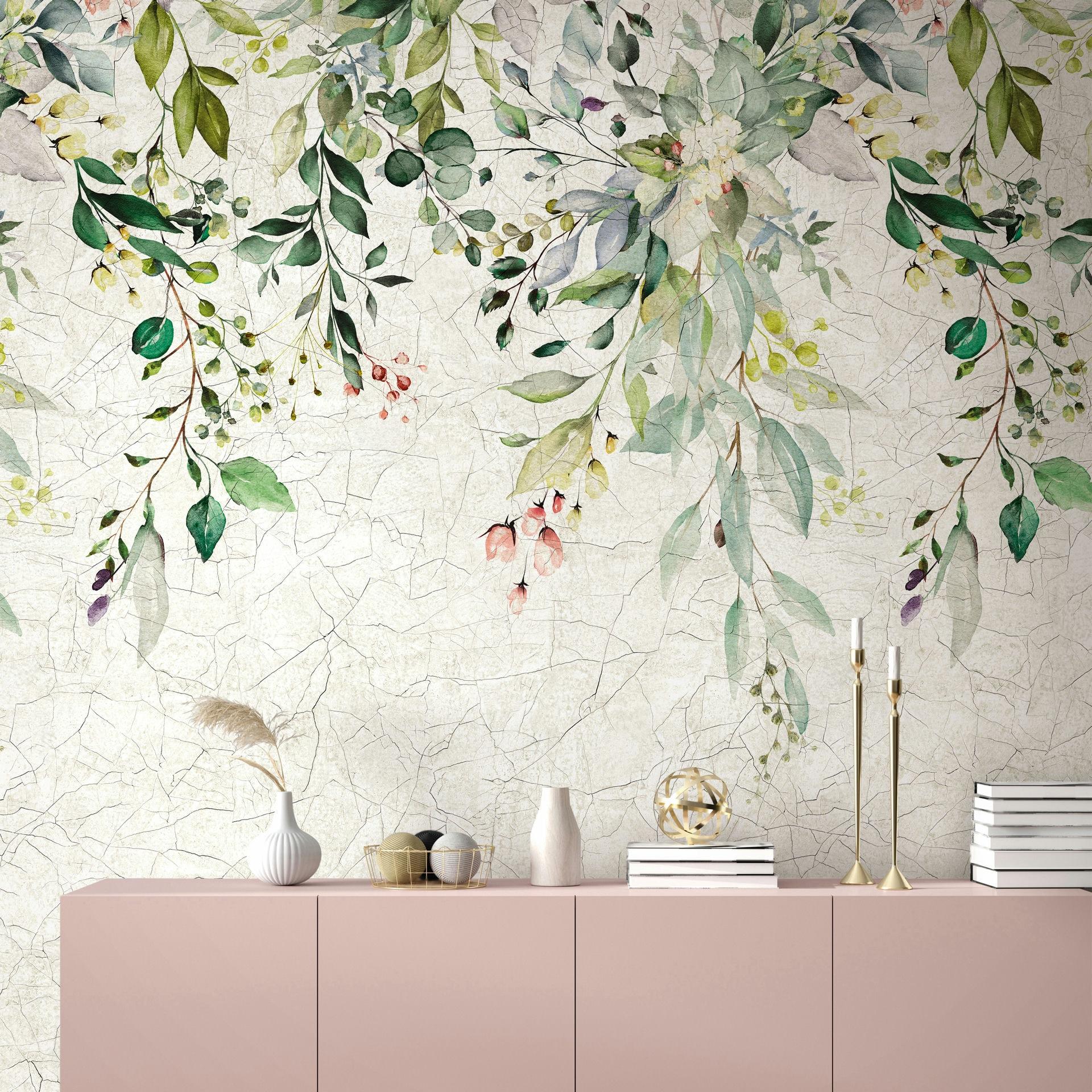 Vliesbehang bloemen, bladeren natuur mat in beige 2,70 x 1,59 m