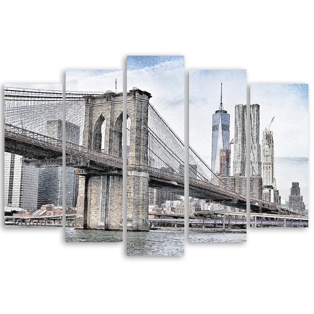 Canvas Print 5 Stuks, Brooklyn Bridge City New York