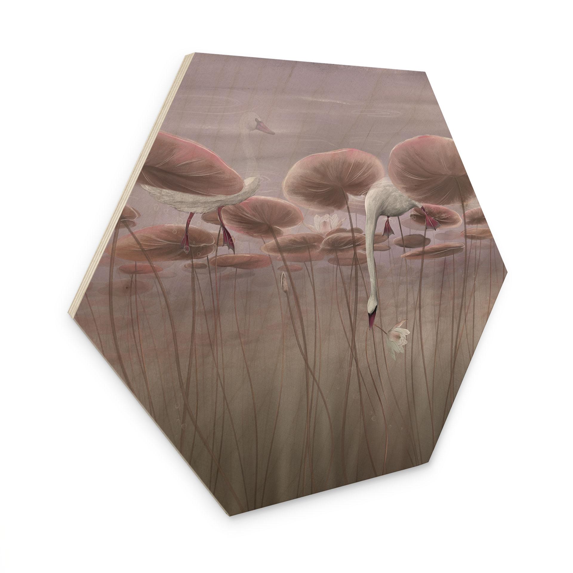 Houten Wanddecoratie zeshoekig lotusbloemen met zwaan in water in donkerroze - Ms Tiff
