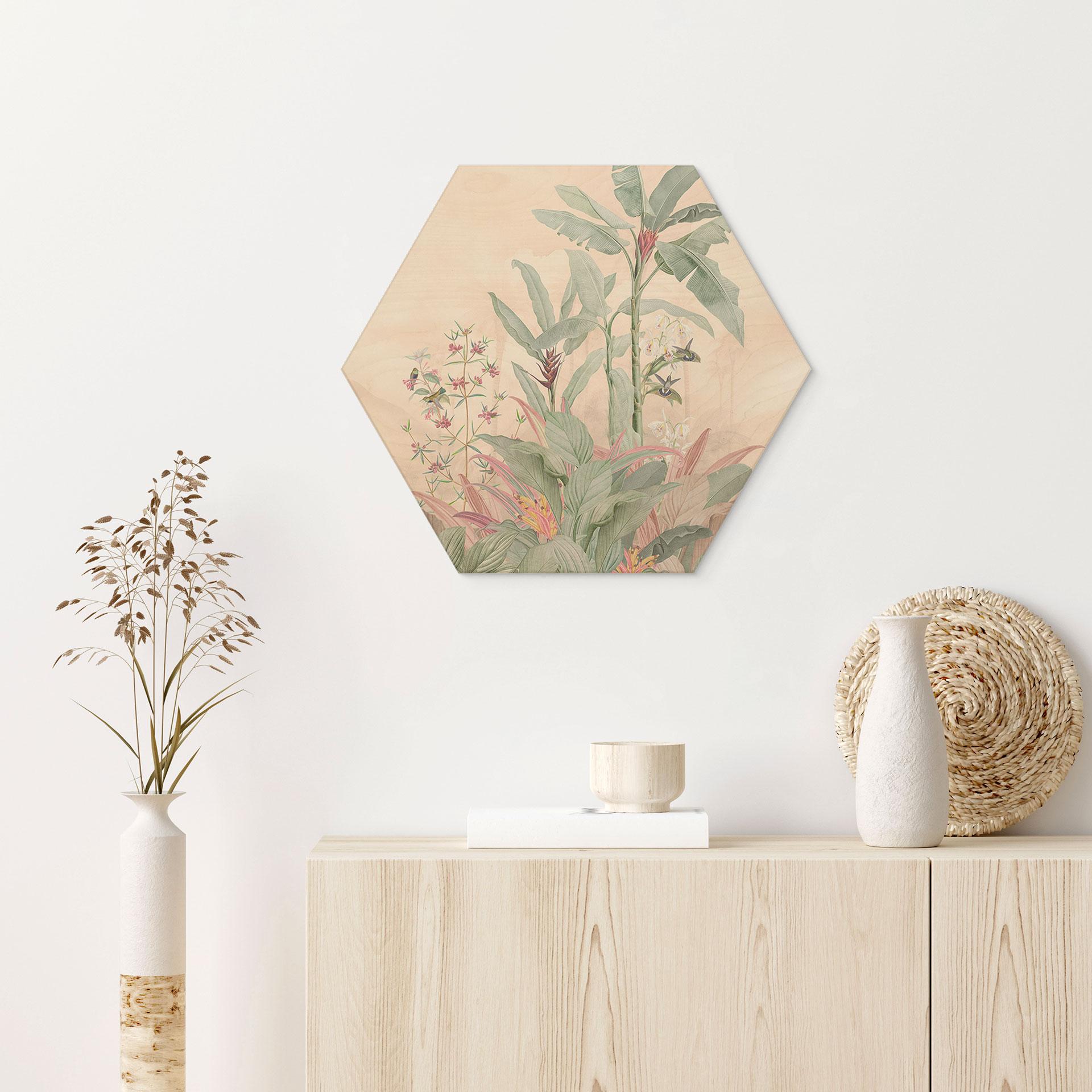 Sekskantet billede af træ tropisk idyl med kolibri abrikos - Bloomery Decor