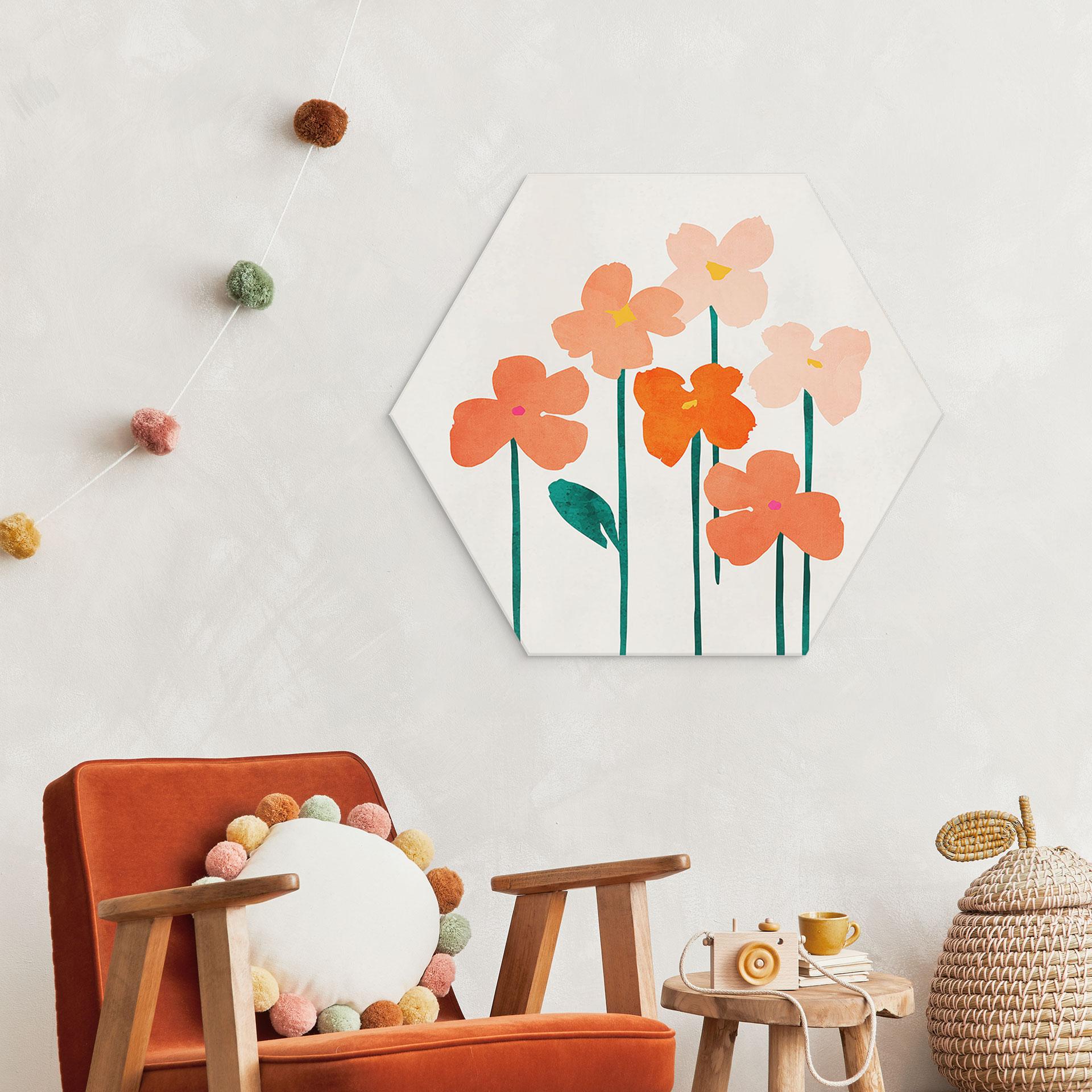 Hexagon Dibond Små blomster i ferskenfarver - Kubistika