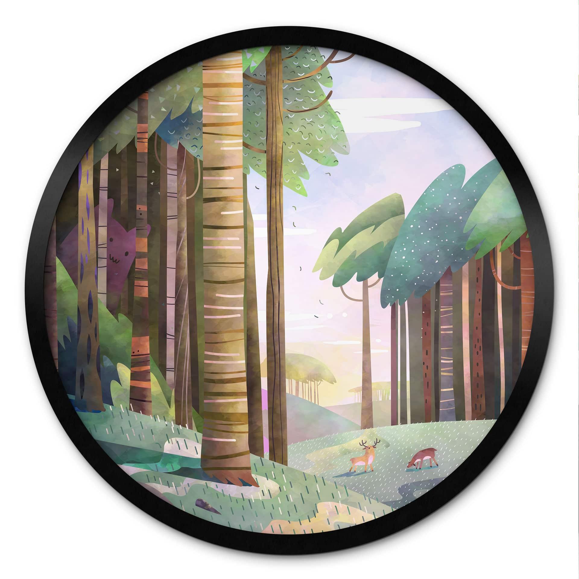 Plakat Solrig skov med hjorte - DigitalArtsi - Round