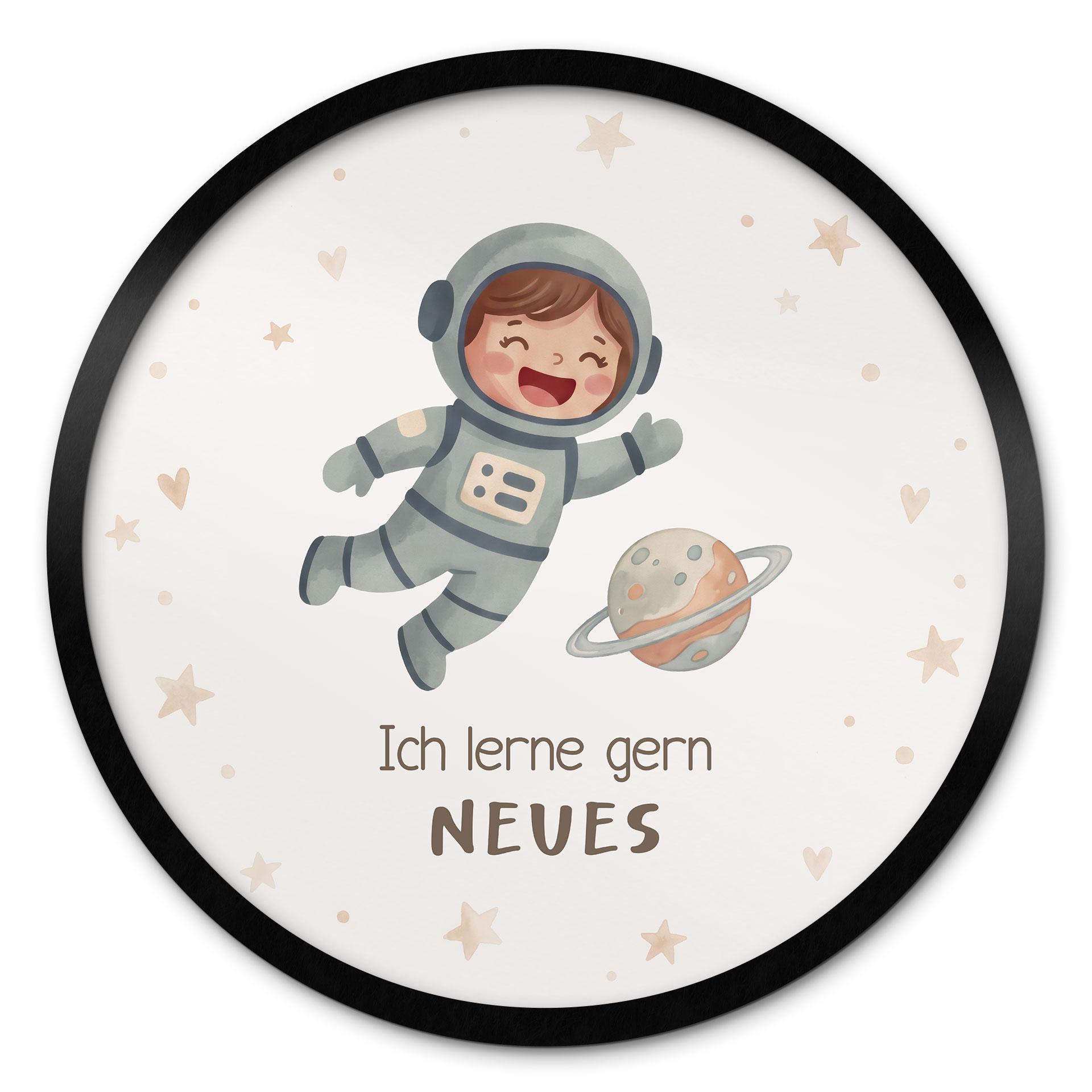 Rundes Affirmationsposter mit Astronautin - 'Ich lerne gern Neues' für Kinder