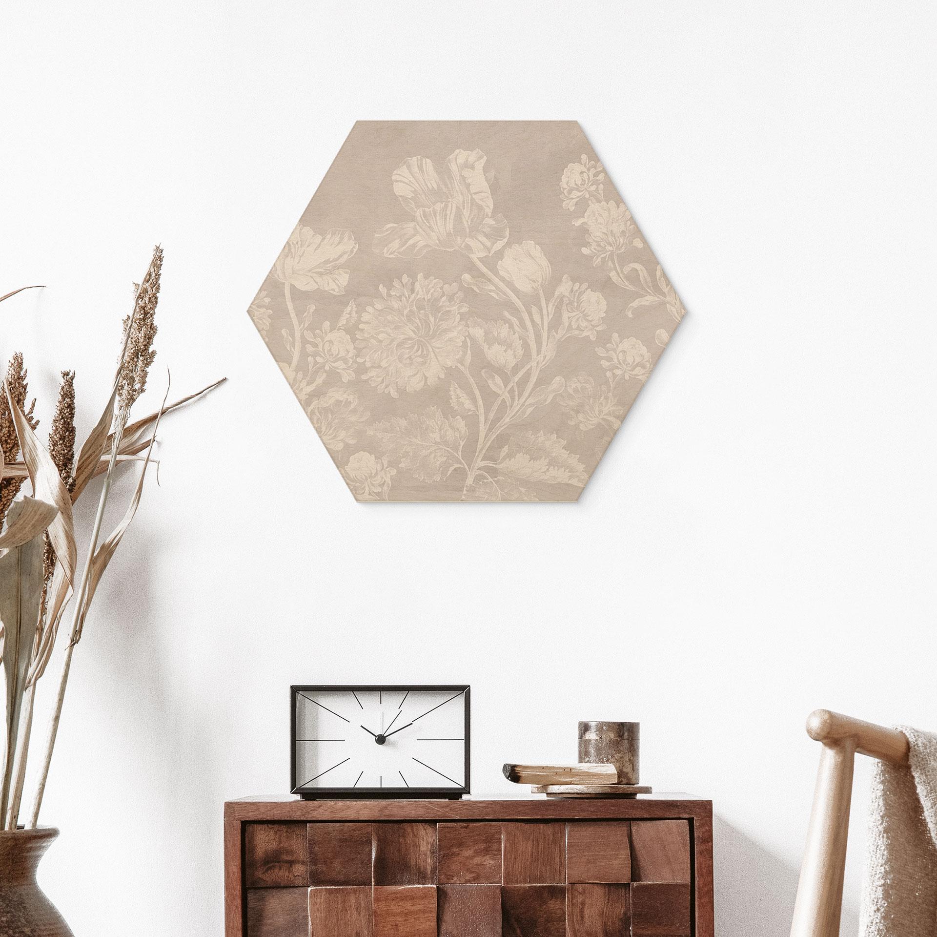Sekskantet Billede af træ vilde blomster i kridtlook beige - Bloomery Decor