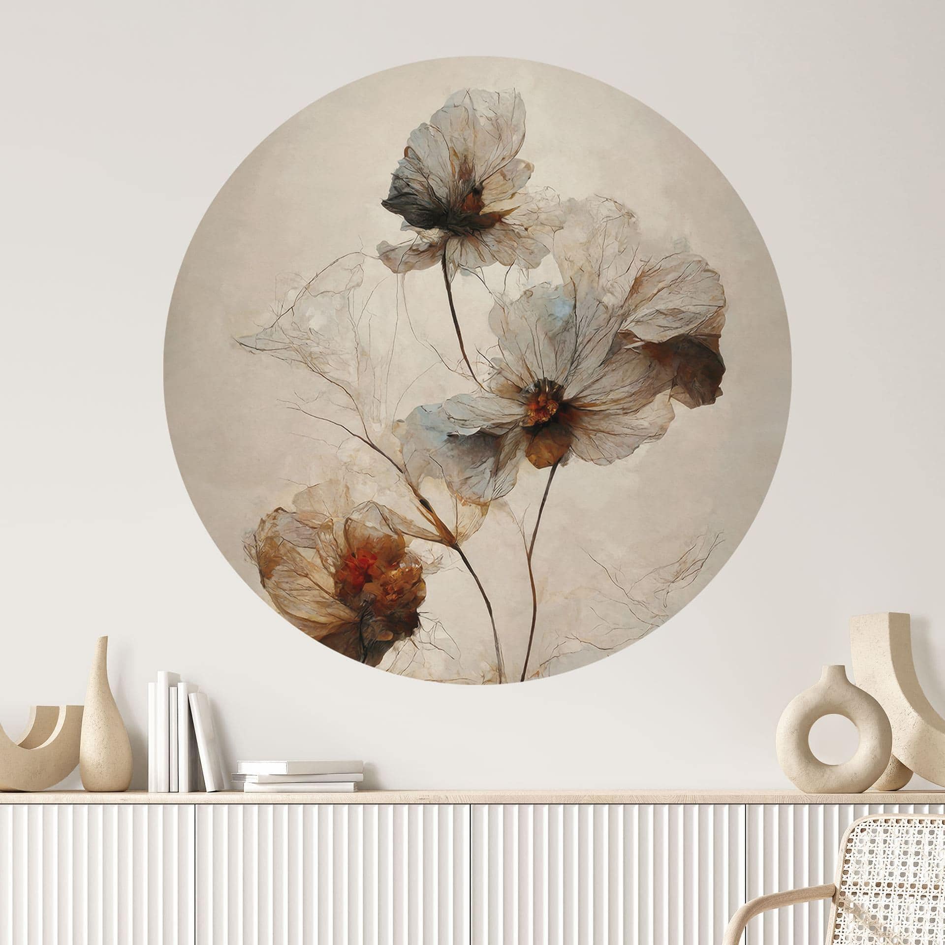 Wallsticker med tørrede blomster - Forgængelighedens elegance - Træbarn - Rund