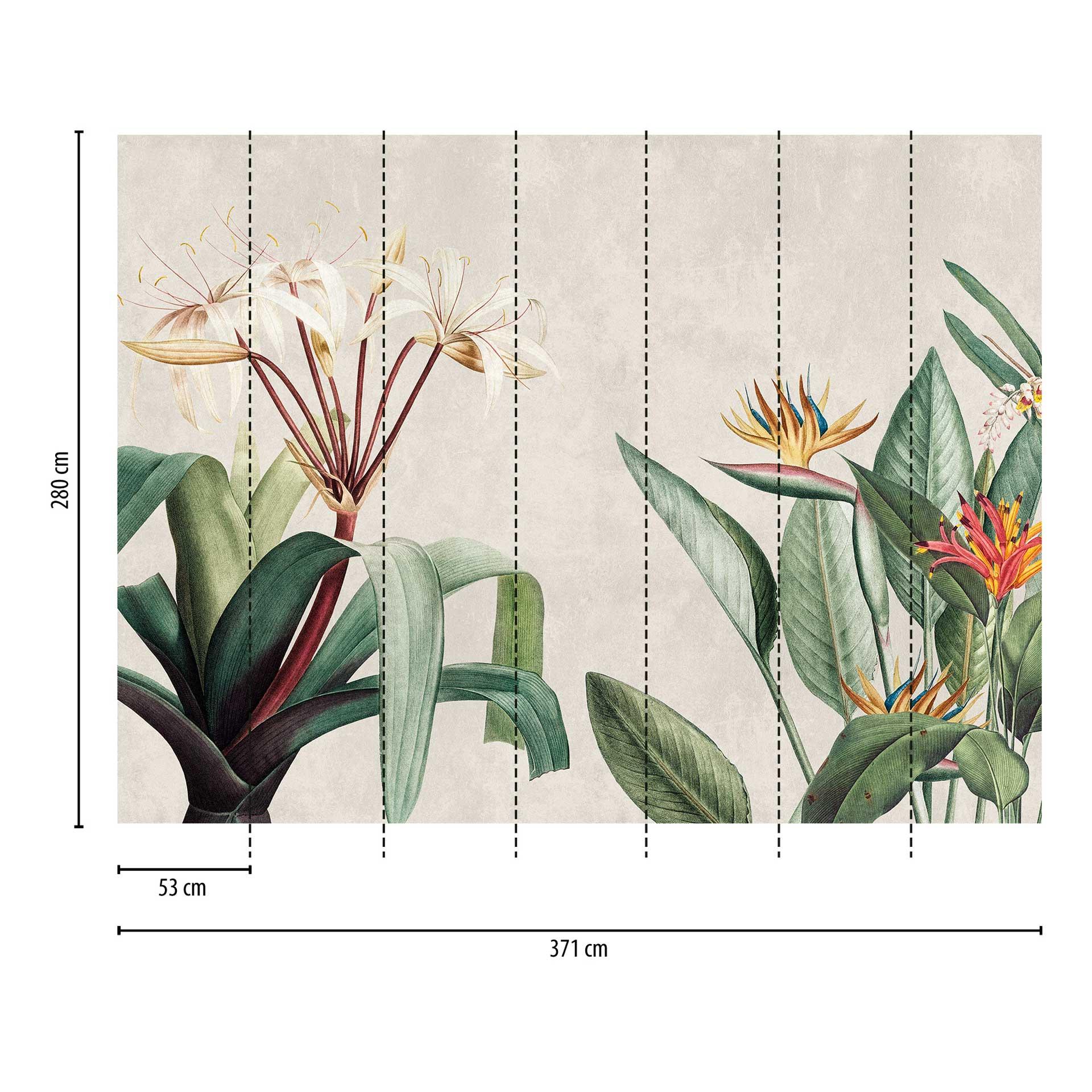 Tropische planten beige groen - vliesbehang met exotisch bloemenmotief