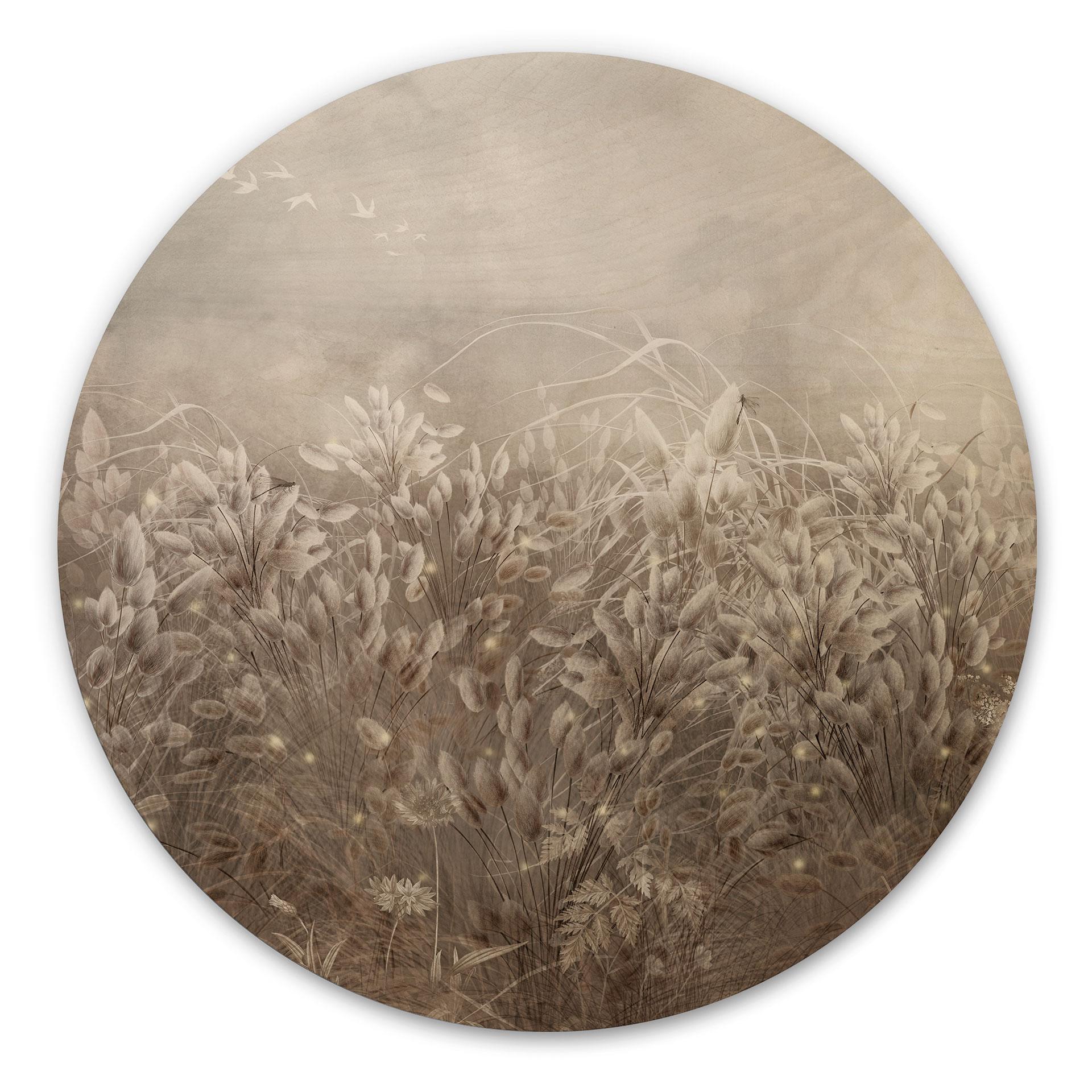 Houten Wanddecoratie pampagras en grassen in beige - Ms Tiff - Rond