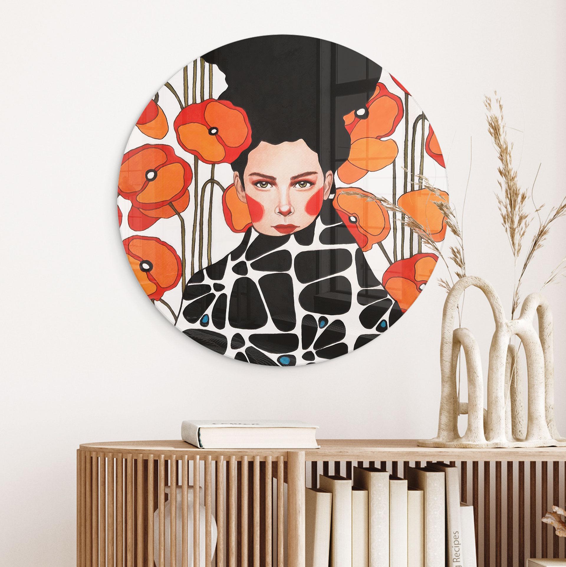 Glasbillede - Kvinde med retro valmueblomster - Hülya - Rund