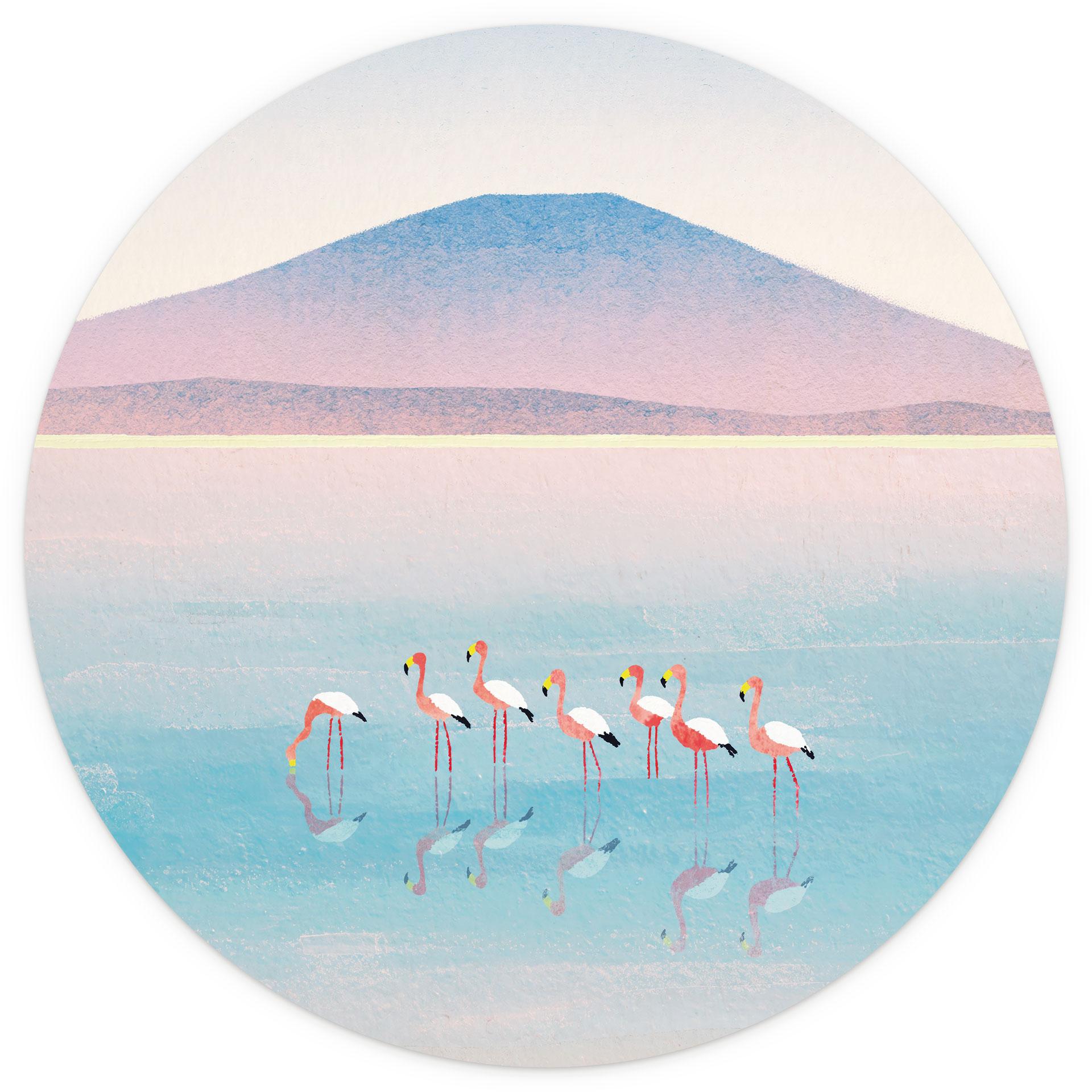 Behangcirkel Pastelkleurig meer met flamingo's - Rivers