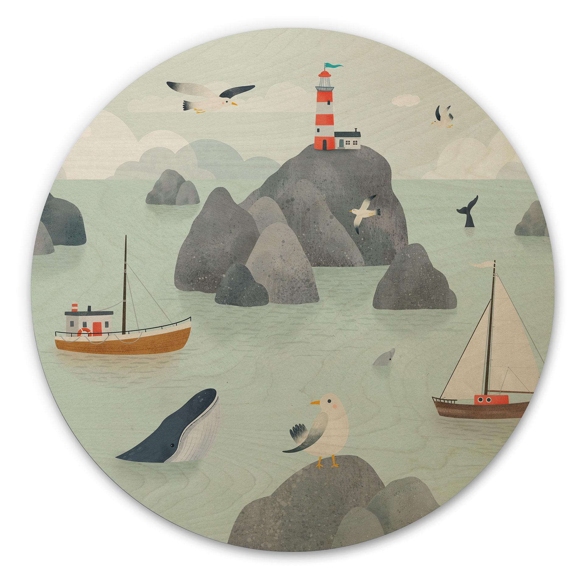 Houten Wanddecoratie Maritiem Kustmotief met Vuurtoren - Oliver Robins - Rond