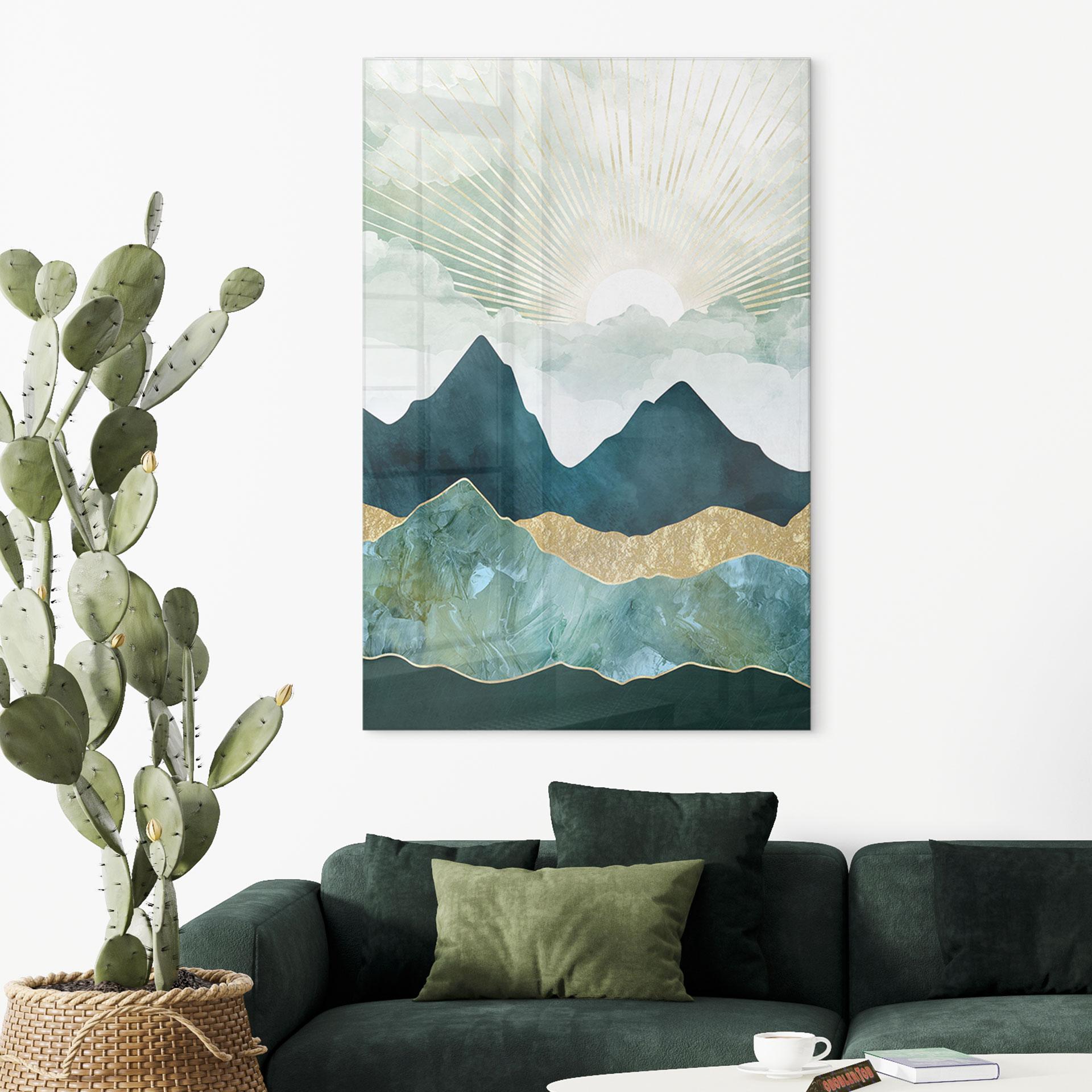 Acrylglasbild Sonnige Landschaft in Blau und Gold - SpaceFrog Designs