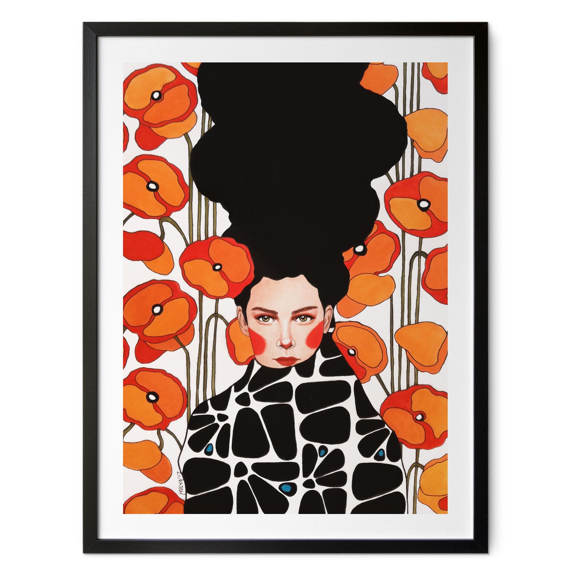 Plakat kvinde med retro valmueblomster | portrætkunst til stuen - Hülya
