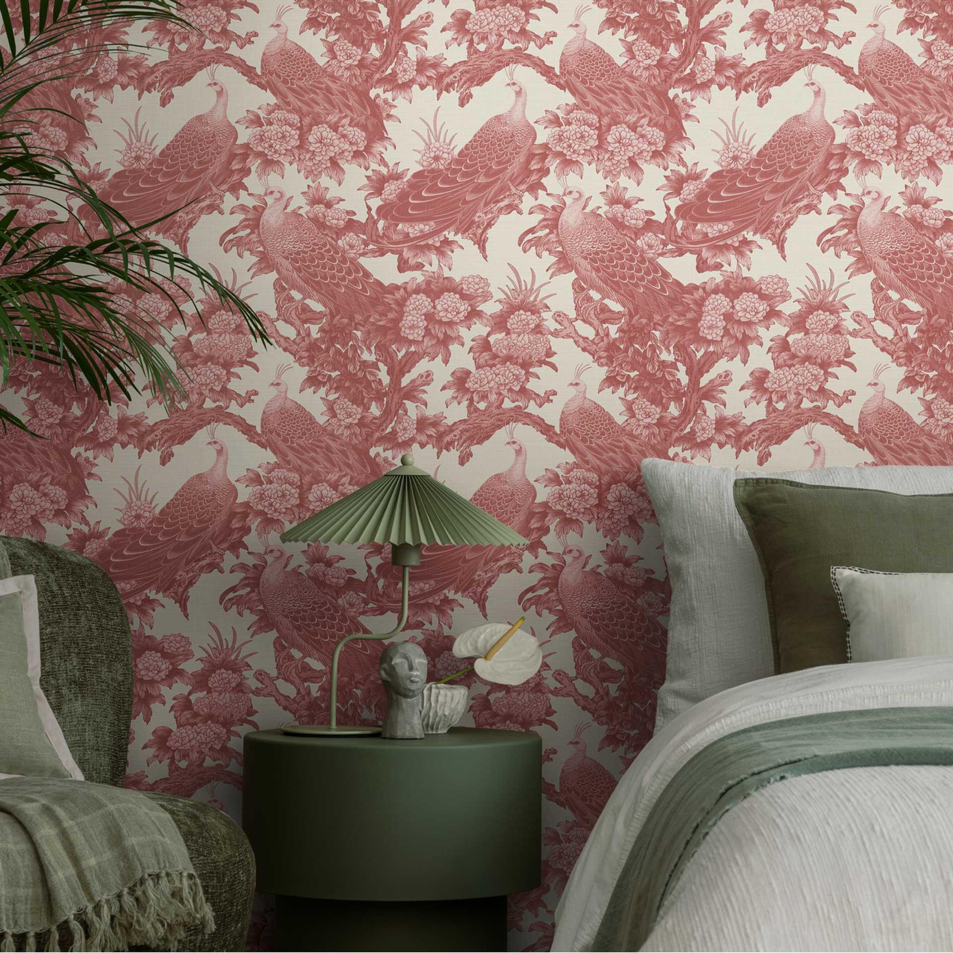 Fugletapet creme bordeaux - Ikke-vævet tapet med påfugle og blomster i et vintage-look